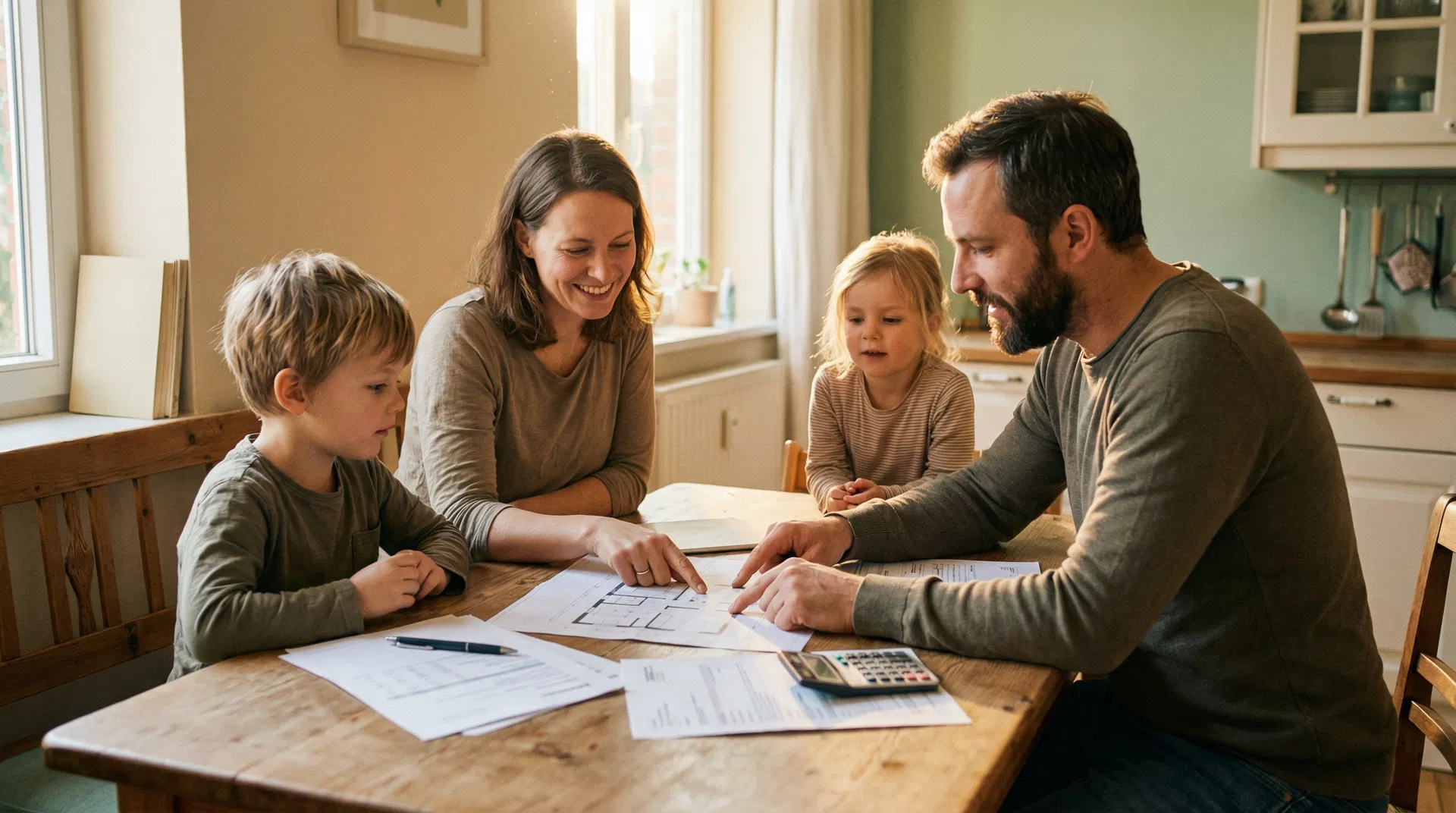 Familie mit zwei Kindern plant Hauskauf am Küchentisch mit Grundrissen und Taschenrechner – Immobilienbudget mit 7000 Euro netto
