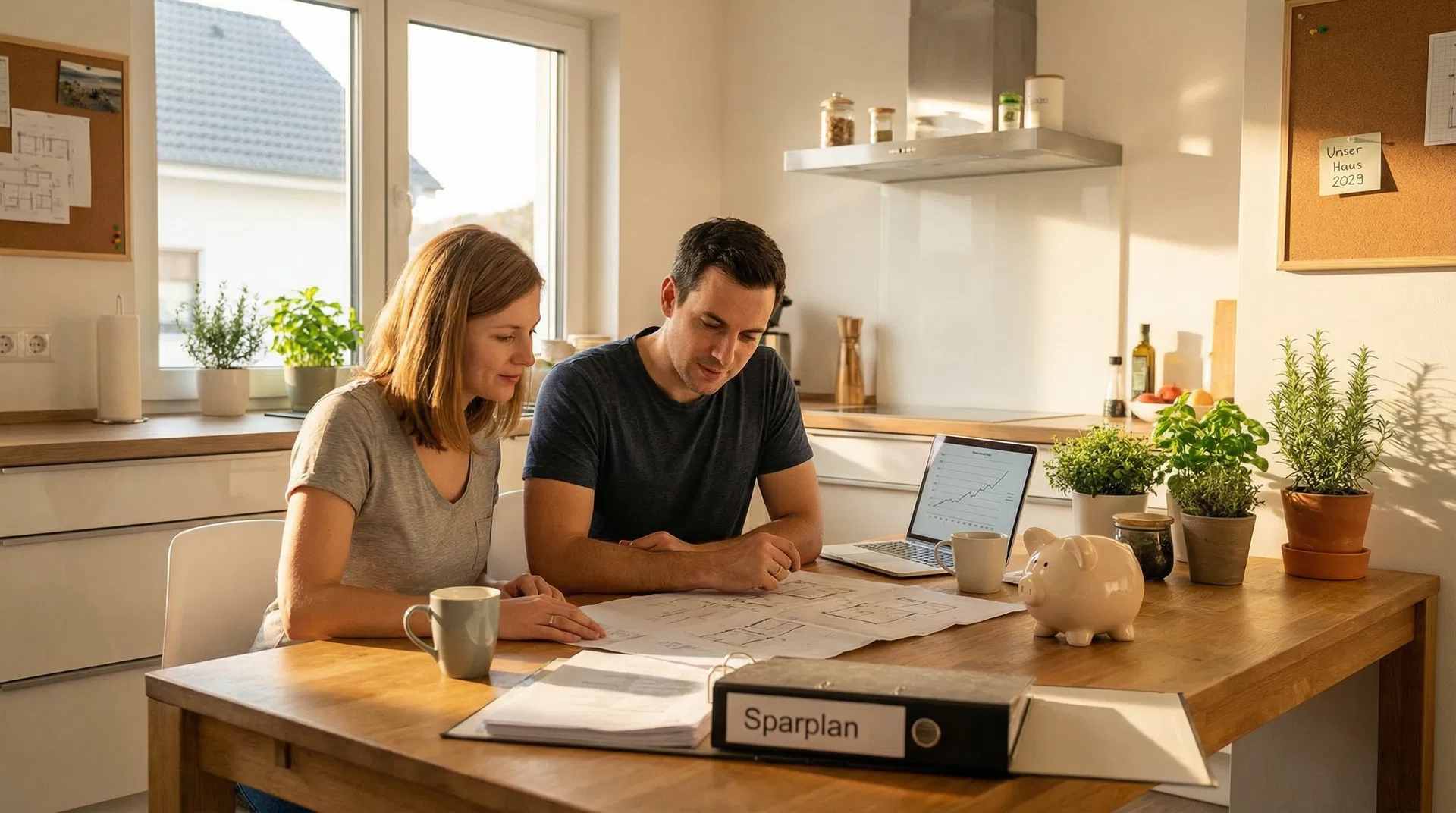 Eigenkapital aufbauen Sparplan - Paar plant Hauskauf am Küchentisch mit Sparbüchse und Grundrissen - Berlin Brandenburg - RockImmos