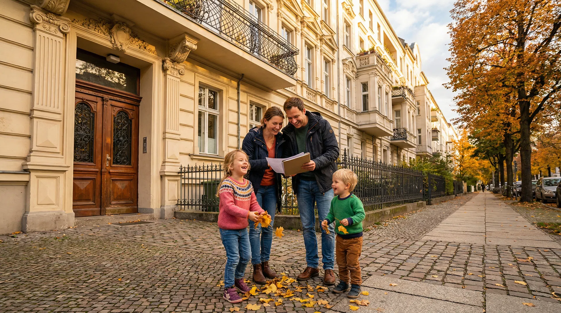 Eigentumswohnung von privat kaufen - Familie vor Berliner Altbau mit Kaufunterlagen - RockImmos