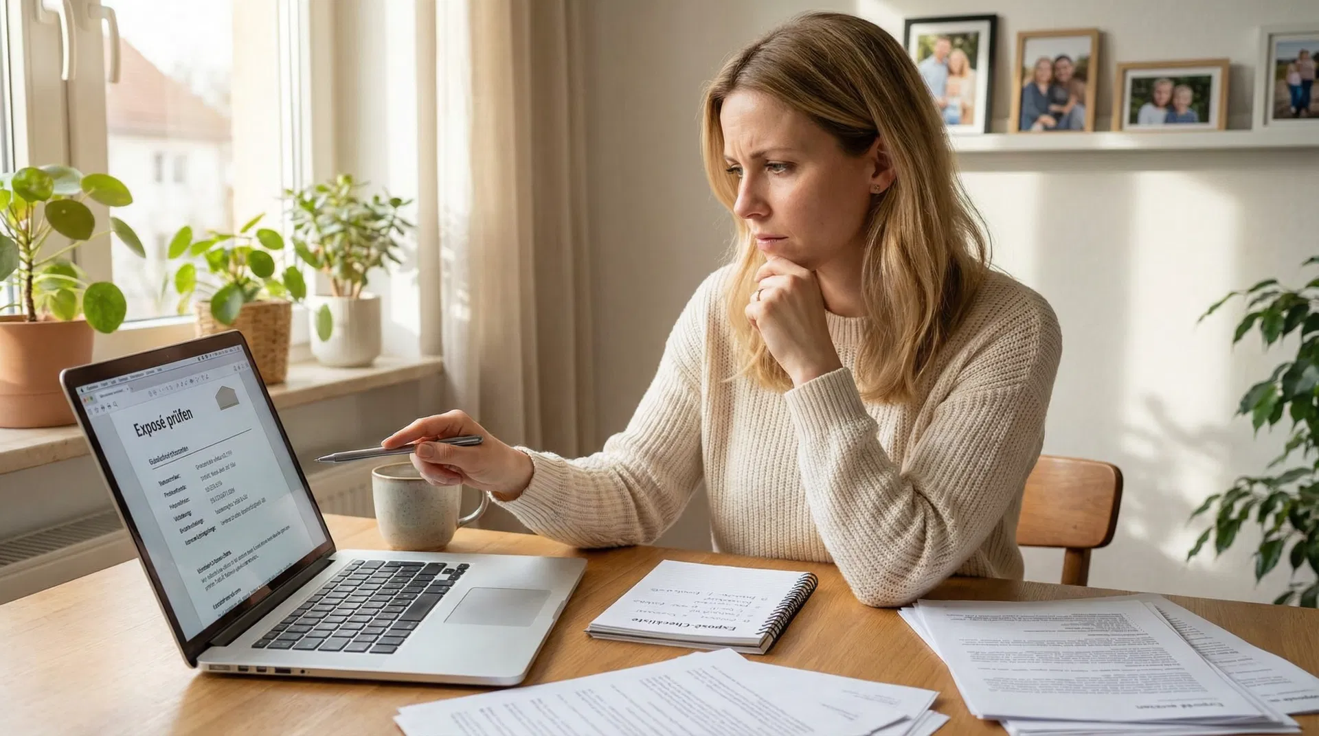 Exposé richtig lesen - Immobilienberaterin prüft Immobilien-Exposé am Laptop mit Checkliste - Berlin Brandenburg - RockImmos