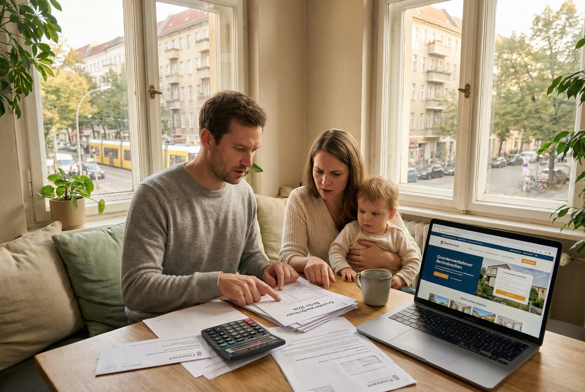 Grunderwerbsteuer Berlin 2026 - Familie prüft Steuerunterlagen am Küchentisch in Berliner Altbauwohnung - RockImmos