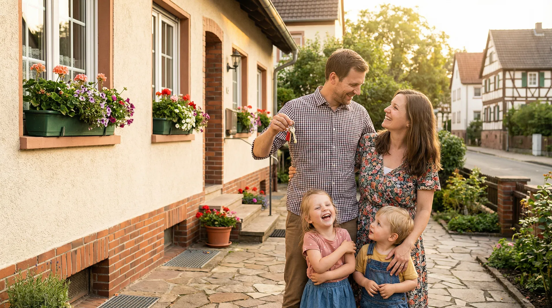 Haus kaufen mit kleinen Kindern - Glückliche Familie mit Hausschlüssel vor ihrem neuen Eigenheim - Berlin Brandenburg - RockImmos