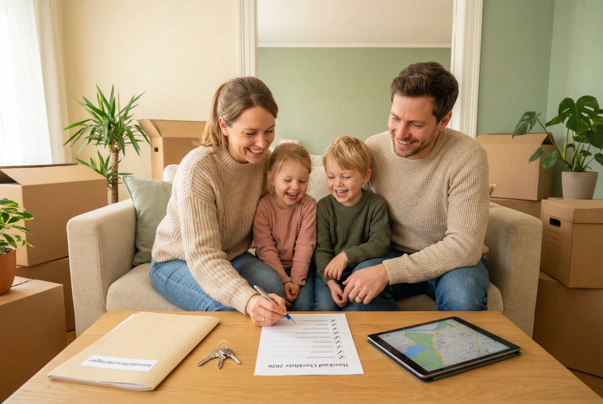 Hauskauf Checkliste Familie - Glückliche Familie mit Kindern checkt Einzugsliste im neuen Zuhause mit Umzugskartons - Berlin - RockImmos