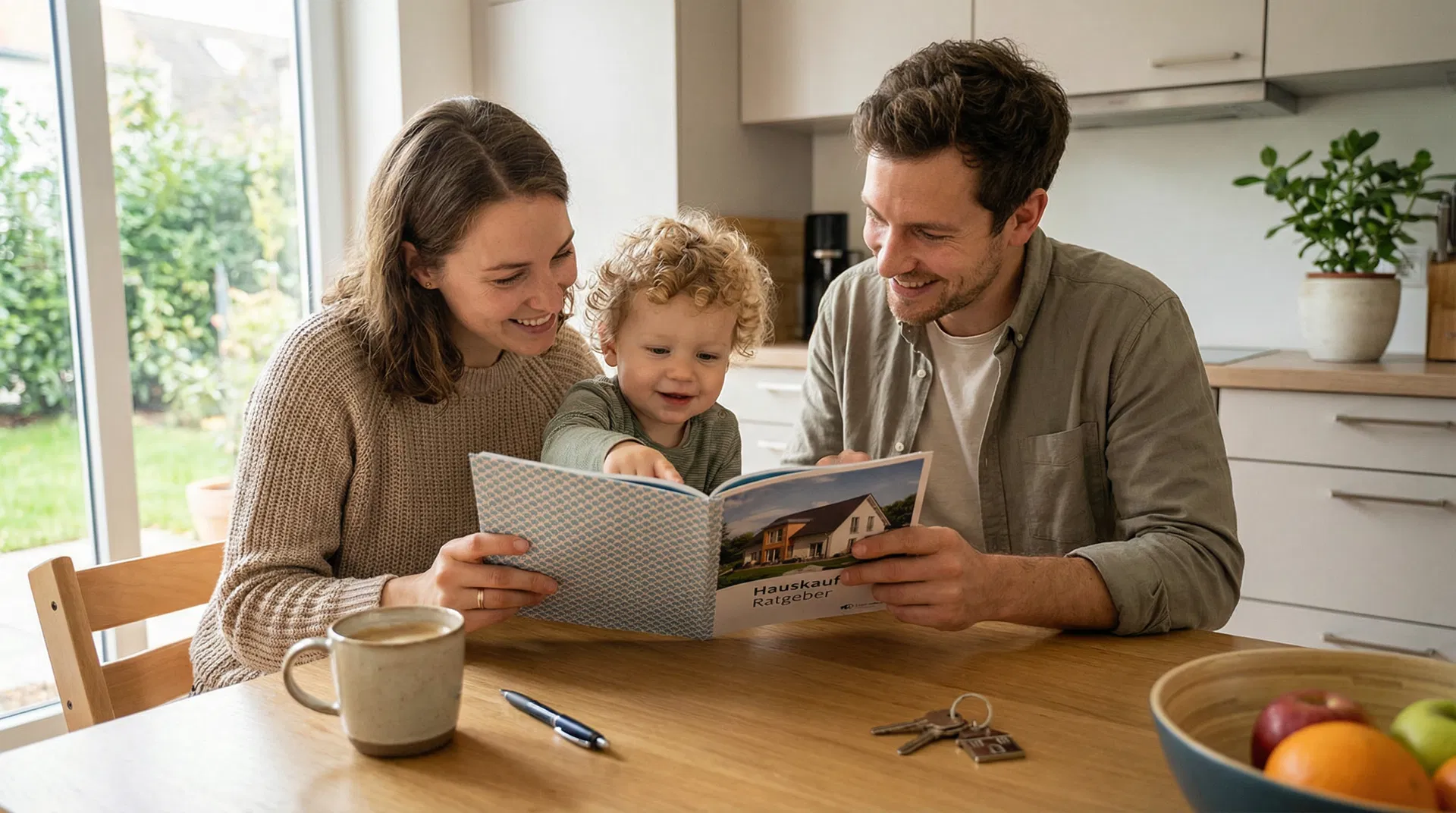 Junge Familie mit Kleinkind liest gemeinsam den Hauskauf Ratgeber am Küchentisch – Hauskauf für junge Familien in Deutschland 2026