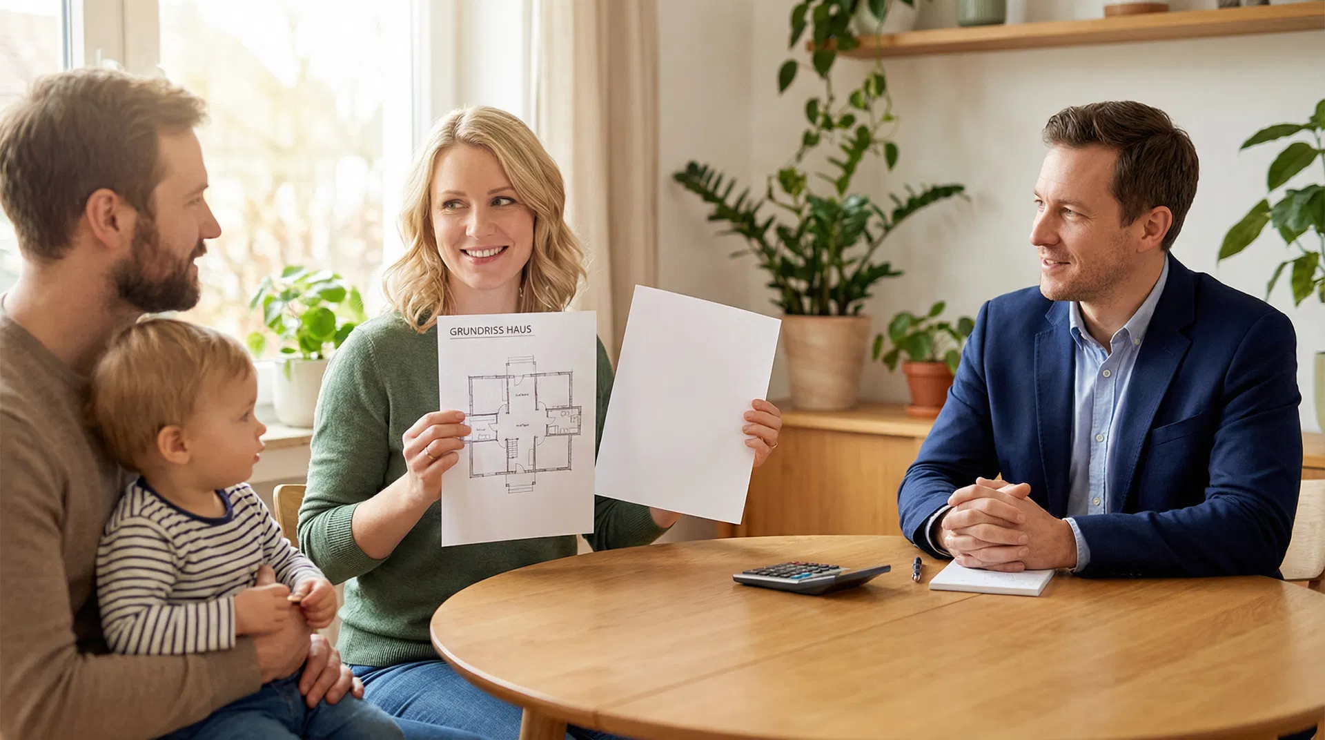 Hauskauf verhandeln - Familie mit Kind verhandelt Kaufpreis mit Makler am Tisch - Berlin Brandenburg - RockImmos