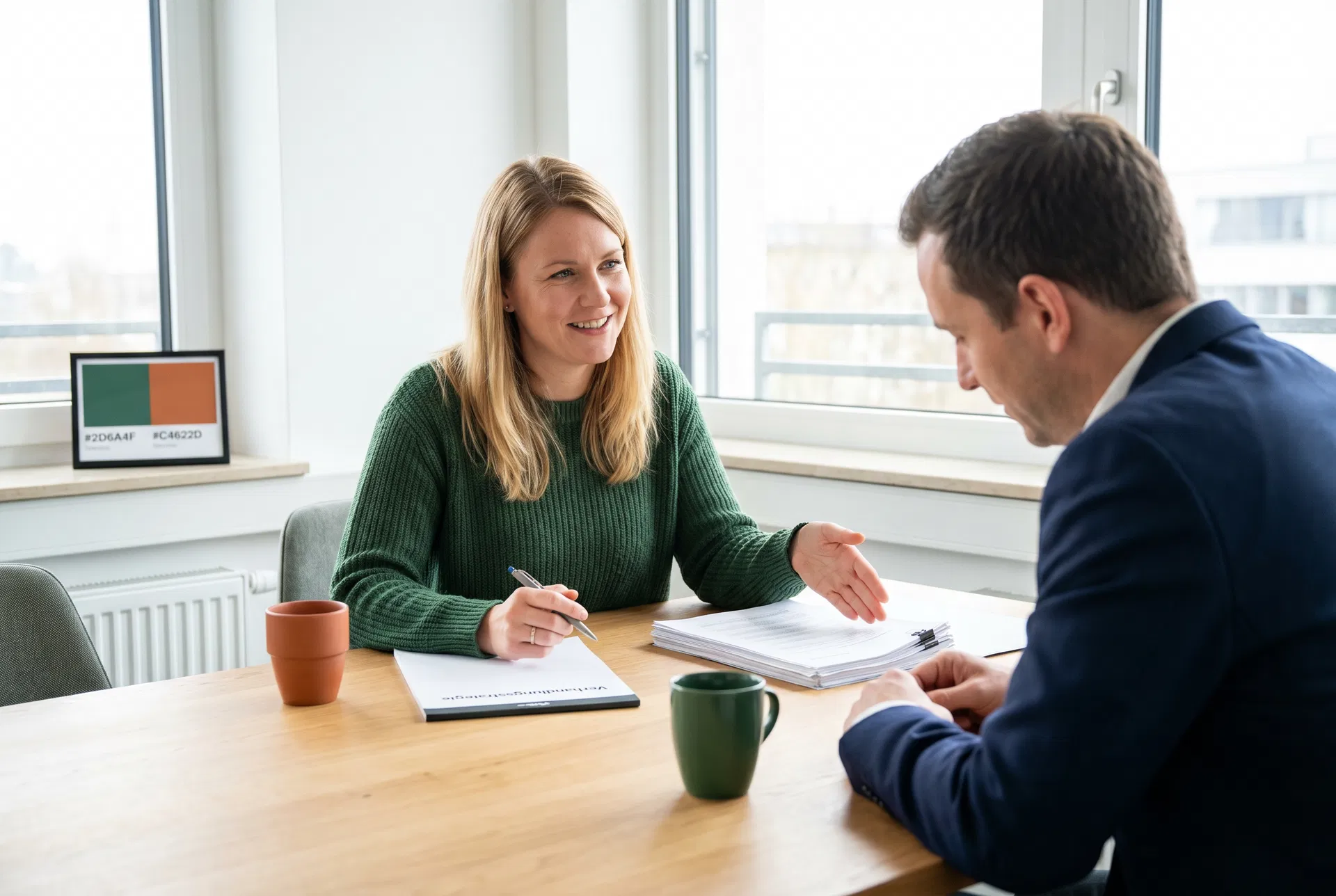 Frau verhandelt Hauskauf-Strategie am Tisch - Verhandlungsstrategie Berlin - RockImmos