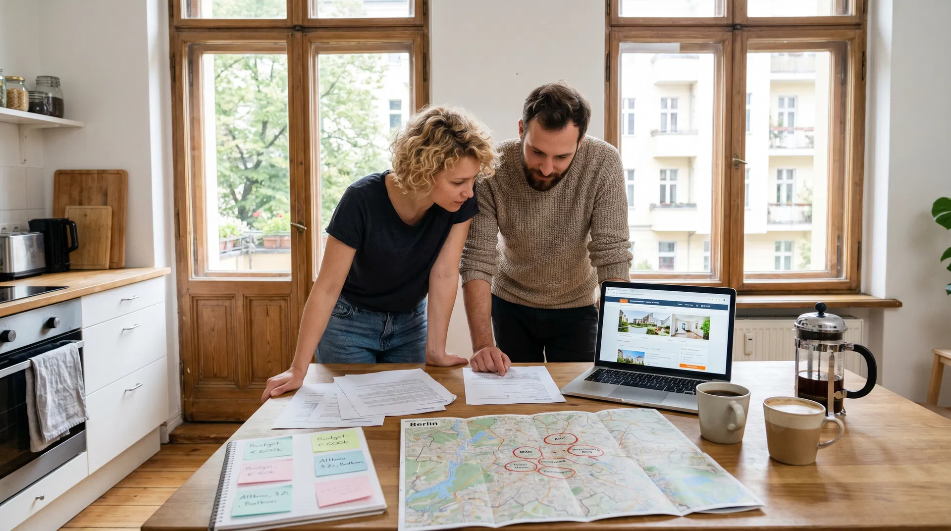 Junge Familie mit Immobilienökonomin plant Immobilien-Suche in Berlin – Laptop mit Suchportalen, Berliner Stadtplan auf dem Tisch