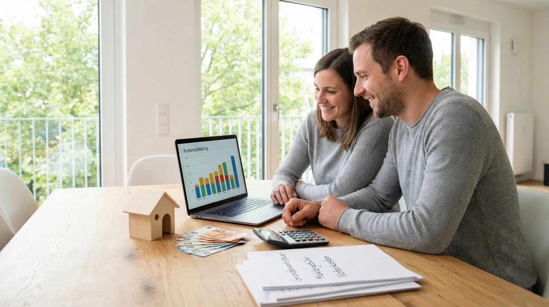 Junges Paar berechnet Kaufnebenkosten beim Hauskauf am Laptop mit Grunderwerbsteuer- und Notarkostenübersicht in Deutschland 2026