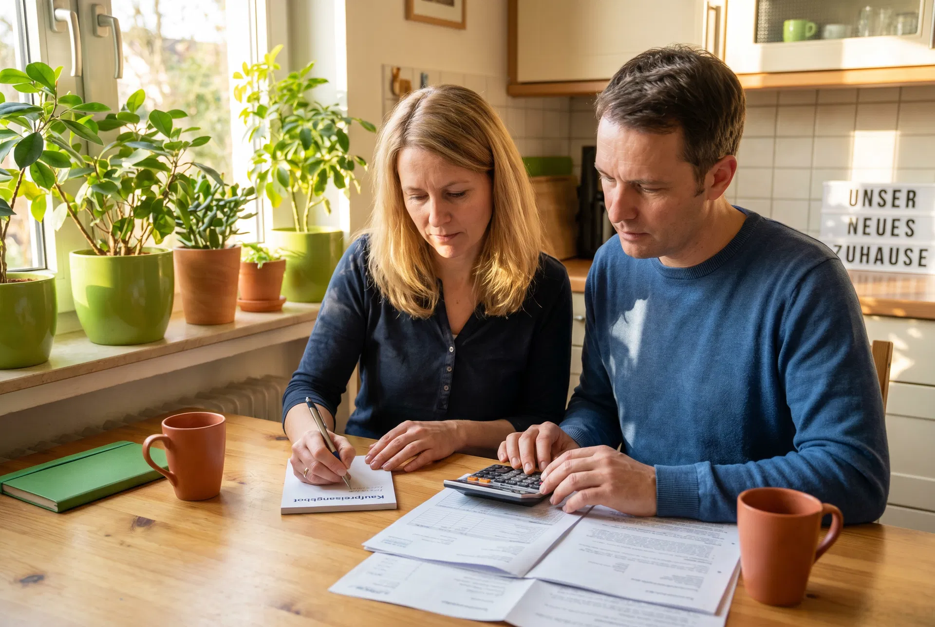 Paar verhandelt Kaufpreis beim Hauskauf mit Taschenrechner - Berlin - RockImmos