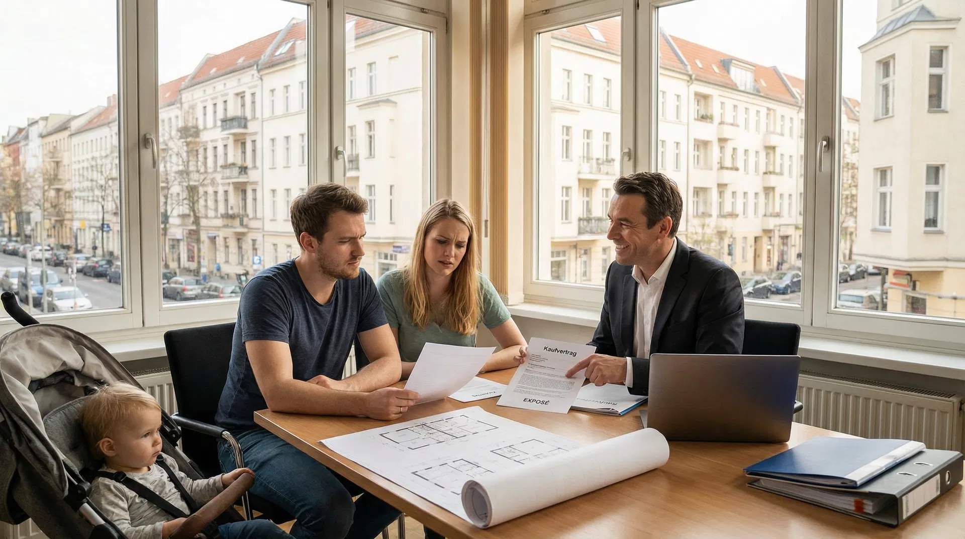 Makler Tricks Hauskauf - Junge Familie mit Kind schaut skeptisch auf Makler bei Immobilienberatung - Berlin Altbau - RockImmos