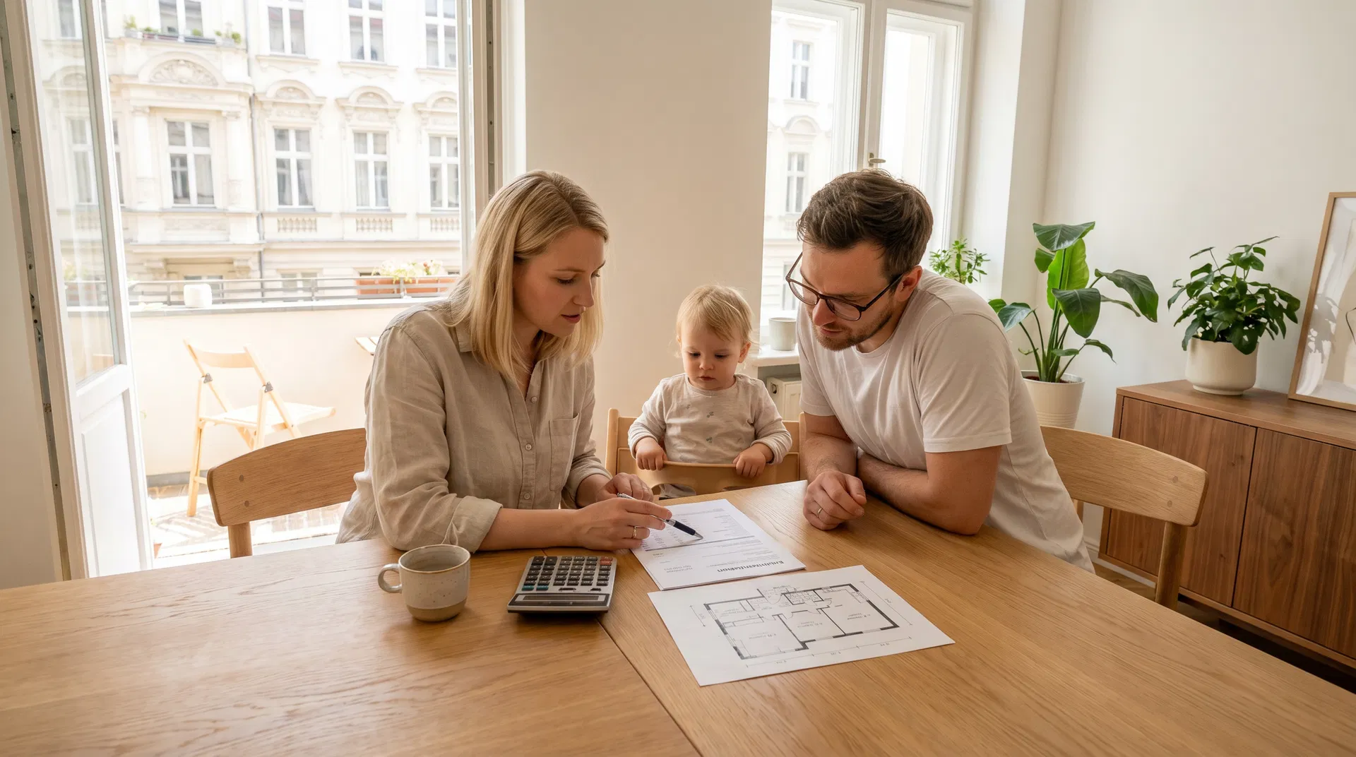 Familie plant Nebenkosten beim Hauskauf am Tisch mit Taschenrechner und Grundriss – Berliner Altbau im Hintergrund – RockImmos Kaufberatung Berlin Brandenburg