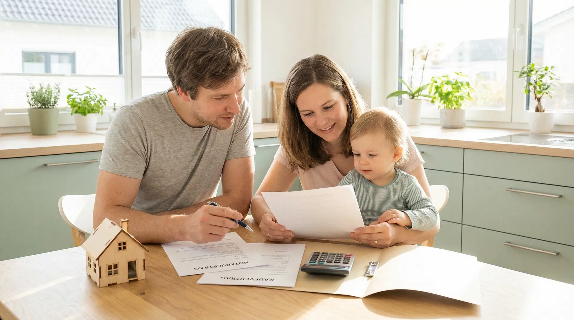 Junge Familie mit Kleinkind prüft Notarvertrag und Kaufvertrag beim Hauskauf am Küchentisch in Deutschland 2026