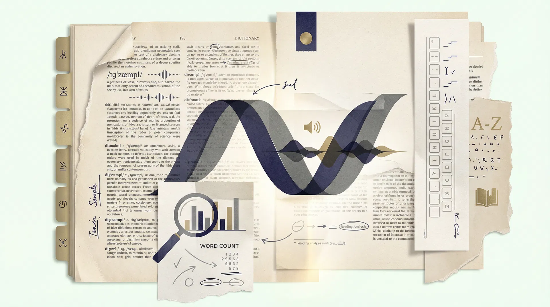 辞書や英語分析、発音の要素を組み合わせた英語ツール集のイメージビジュアル