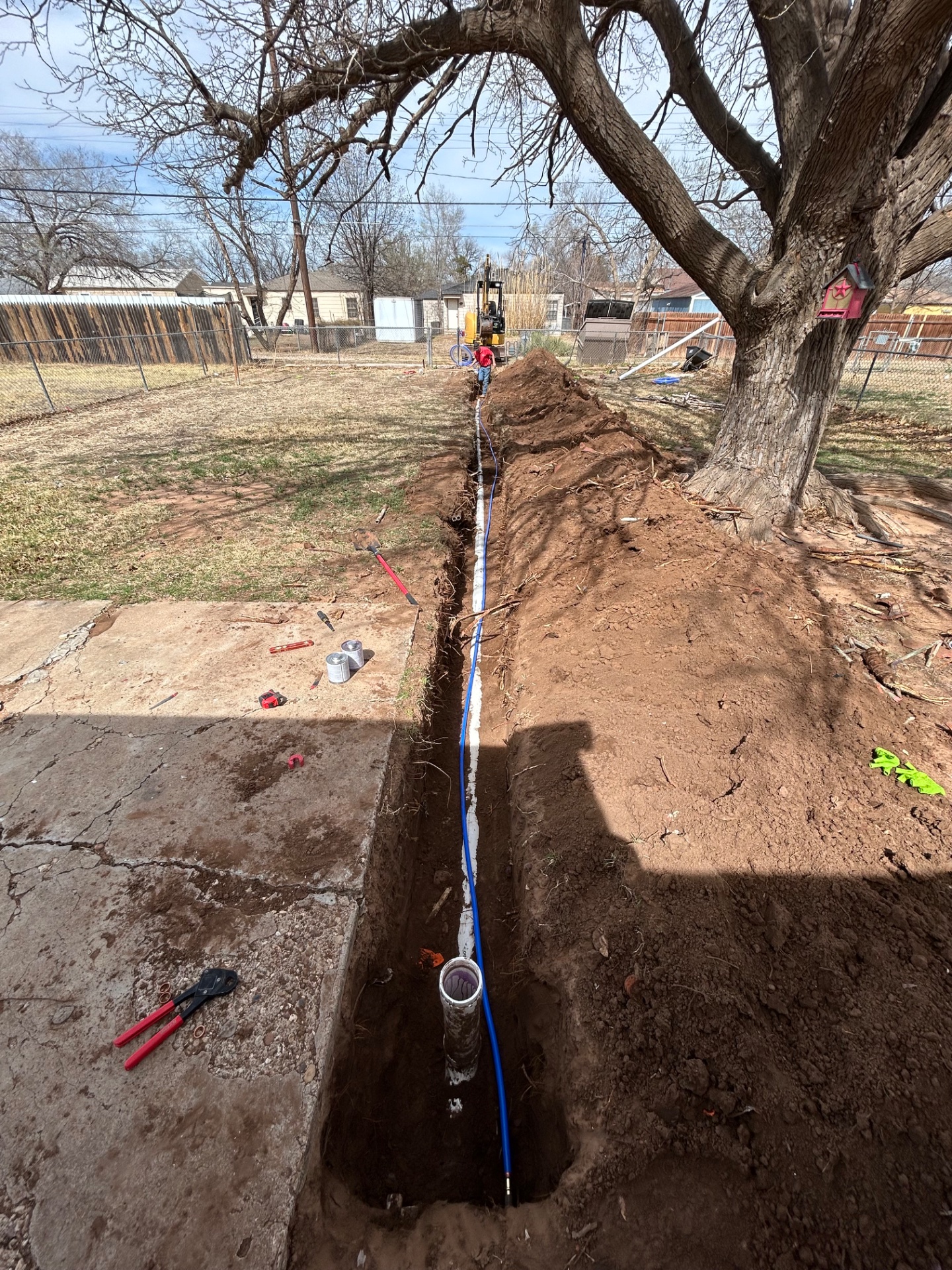 Sewer Line Replacement in Wheelock and Monterey - We replaced this sewer line in the backyard with a new 4” Schedule 40 PVC line & also wound up replacing the water line with a new 3/4” pex line in Lubbock, Texas.