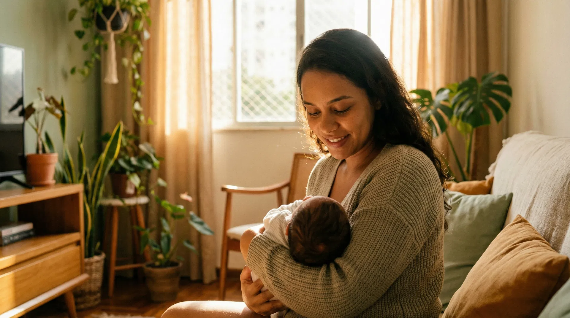 Mãe brasileira segurando seu bebê recém-nascido com carinho em ambiente acolhedor
