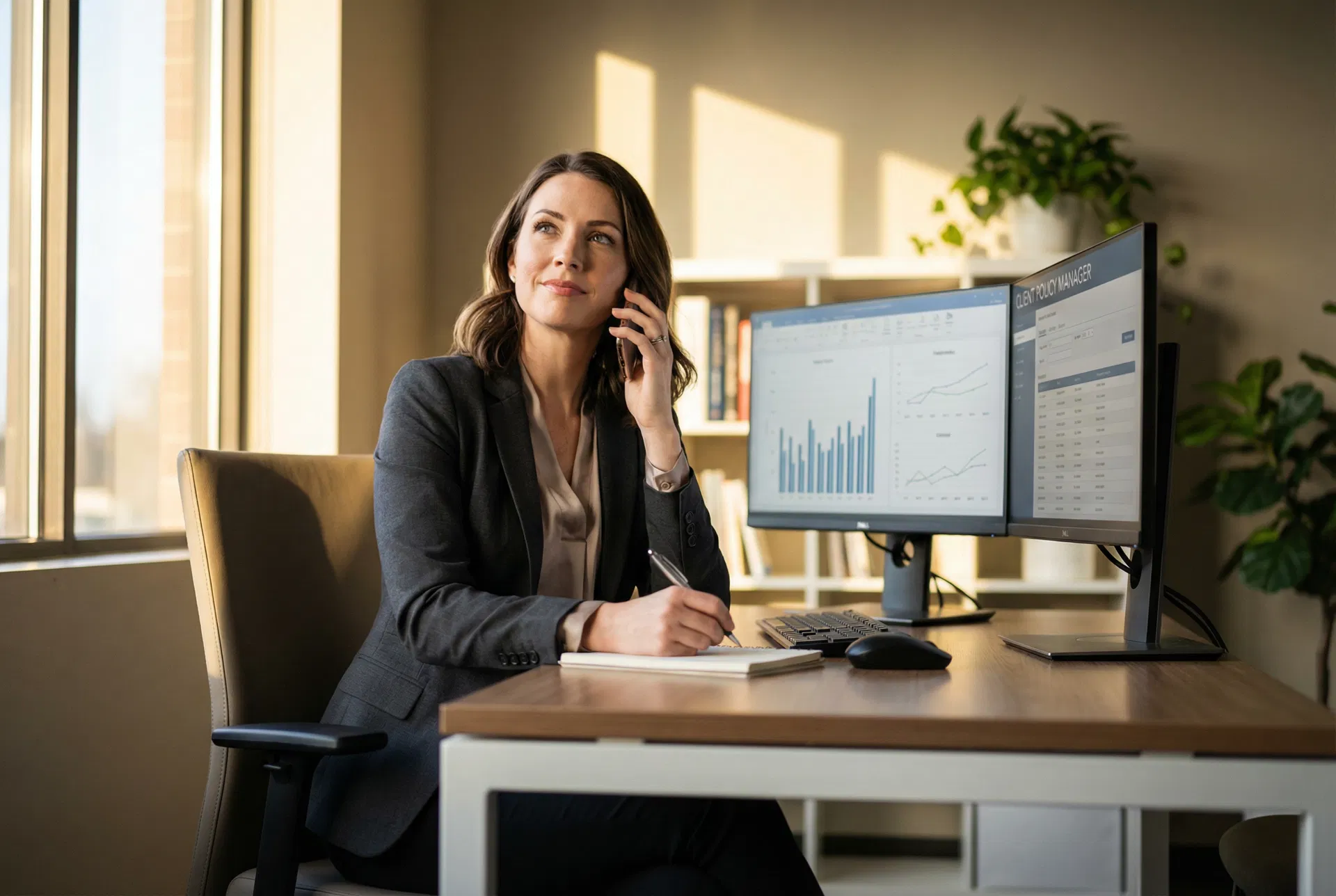 Insurance agent confidently handling a client call with OmniShield AI