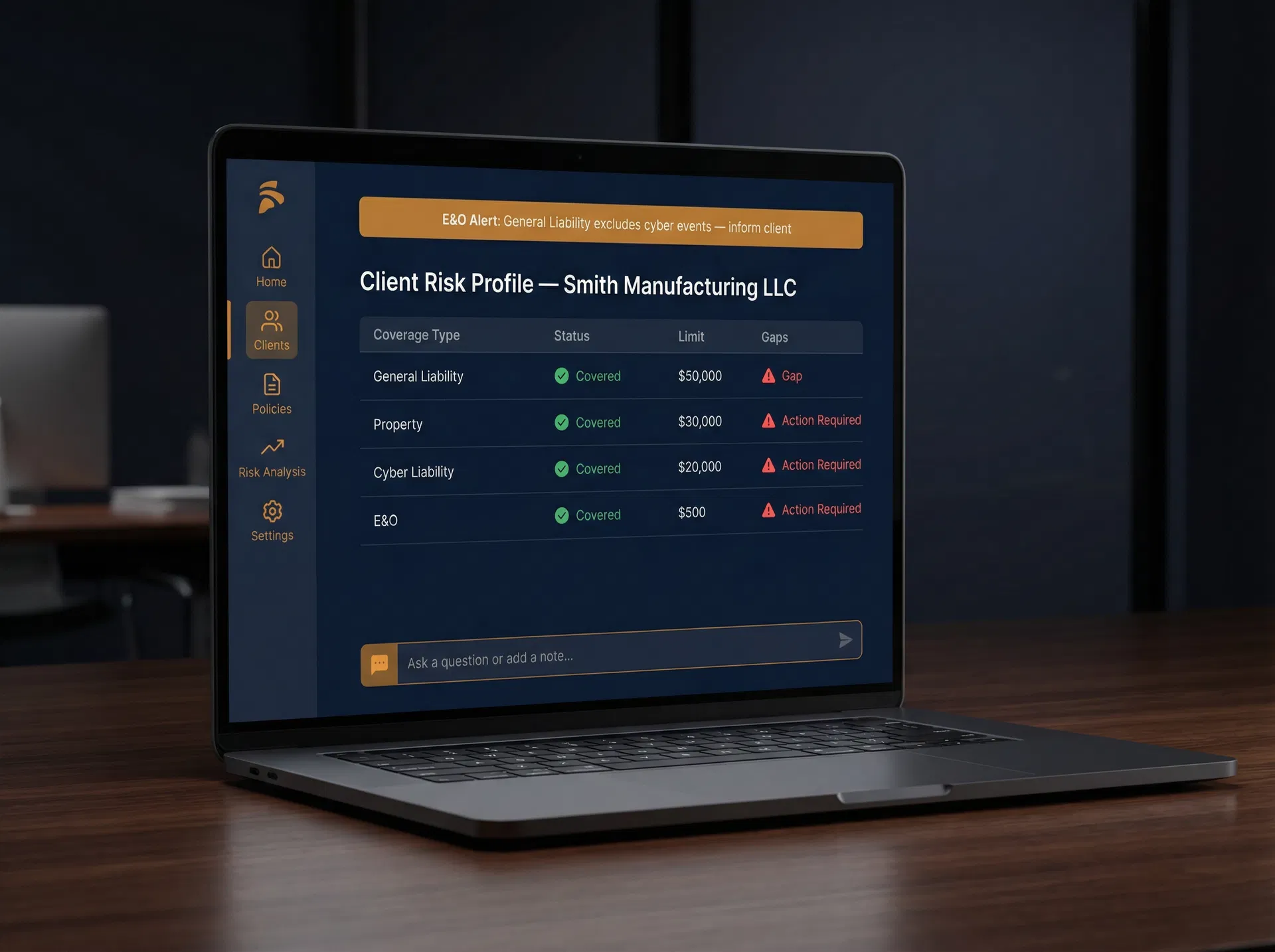 OmniShield AI Dashboard showing real-time E&O alerts and client risk profile
