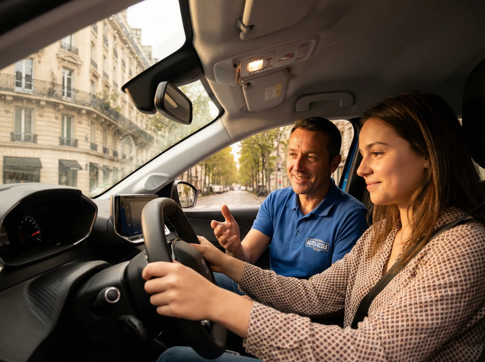 Moniteur et élève en leçon de conduite à Paris