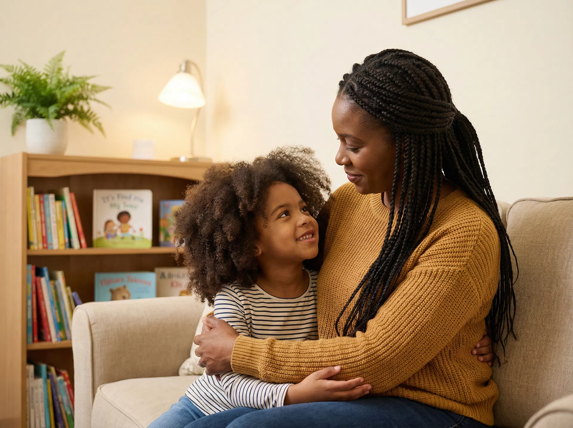 A Black mother embracing her young daughter in a cozy therapy office