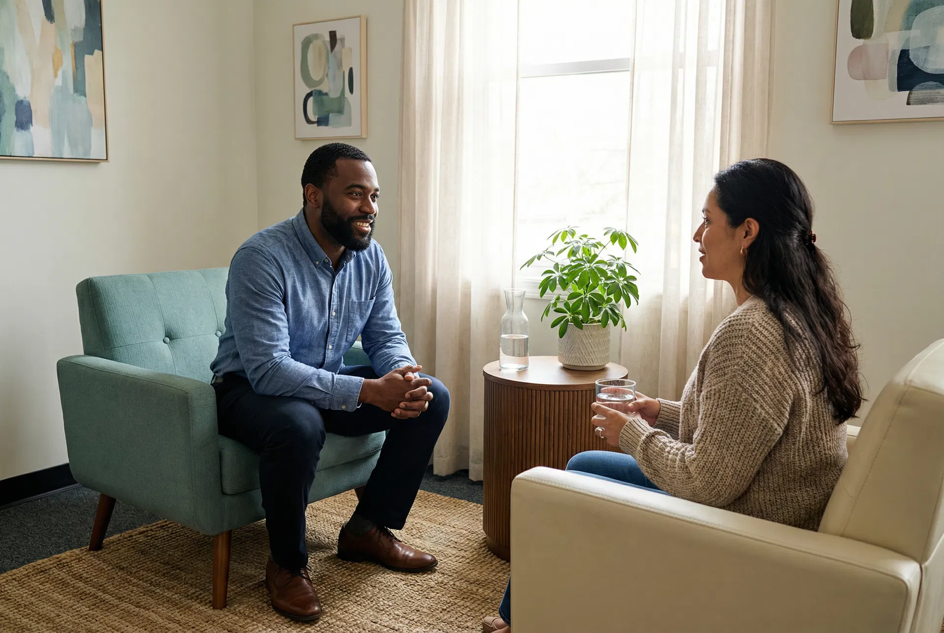 A Black male therapist in a calming session with a Hispanic woman client