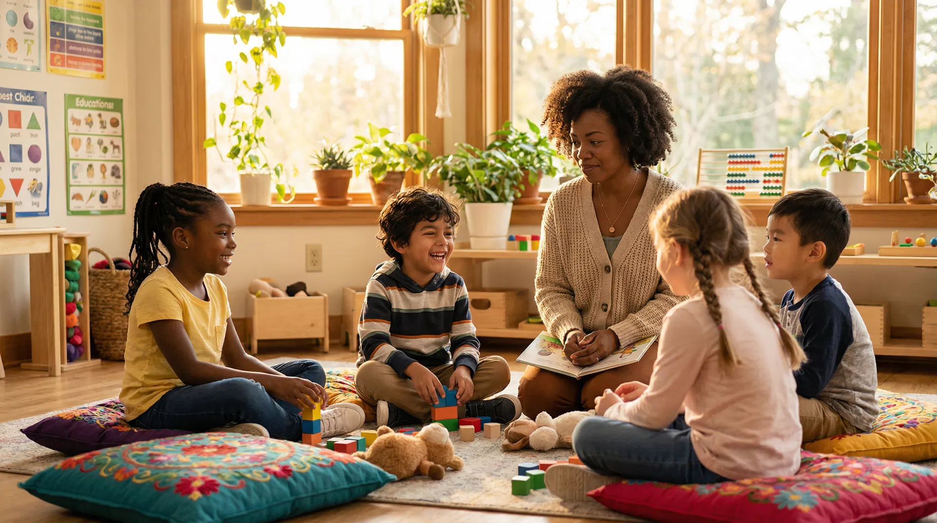 Diverse group of children with a caring Black therapist in a warm, sunlit classroom