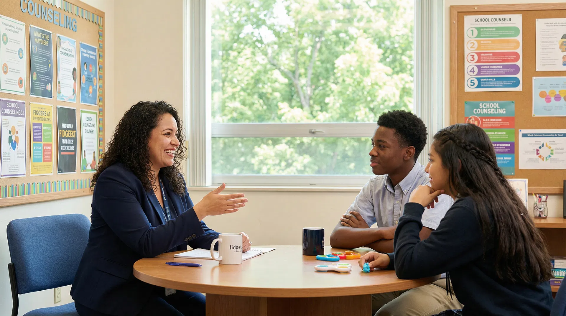 A Hispanic counselor working with Black and Hispanic students in a school counseling office