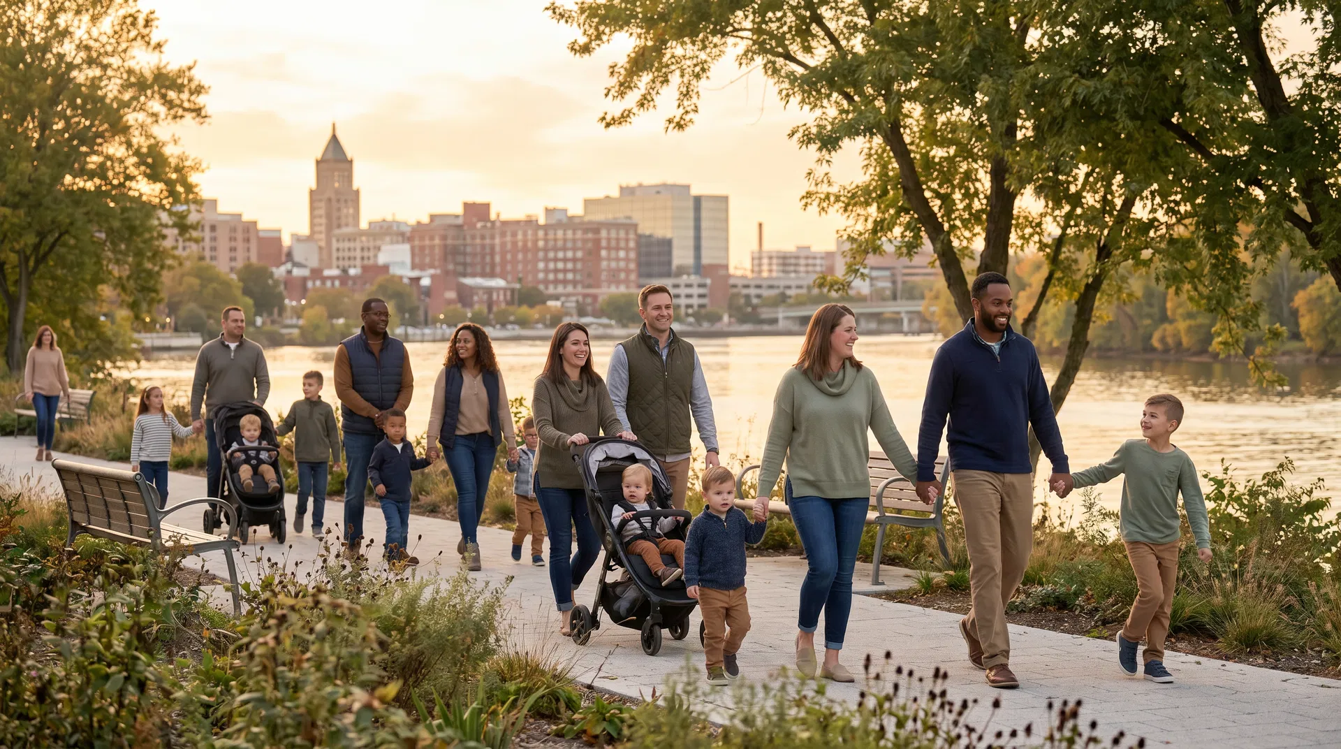 Diverse families walking along the Wilmington Delaware riverfront at golden hour