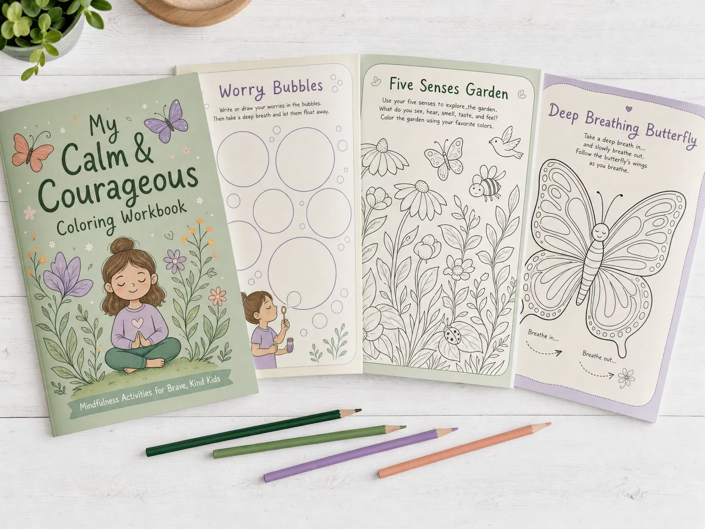 My Calm & Courageous Coloring Workbook - showing interior pages including Worry Bubbles, Five Senses Garden, and Deep Breathing Butterfly activities