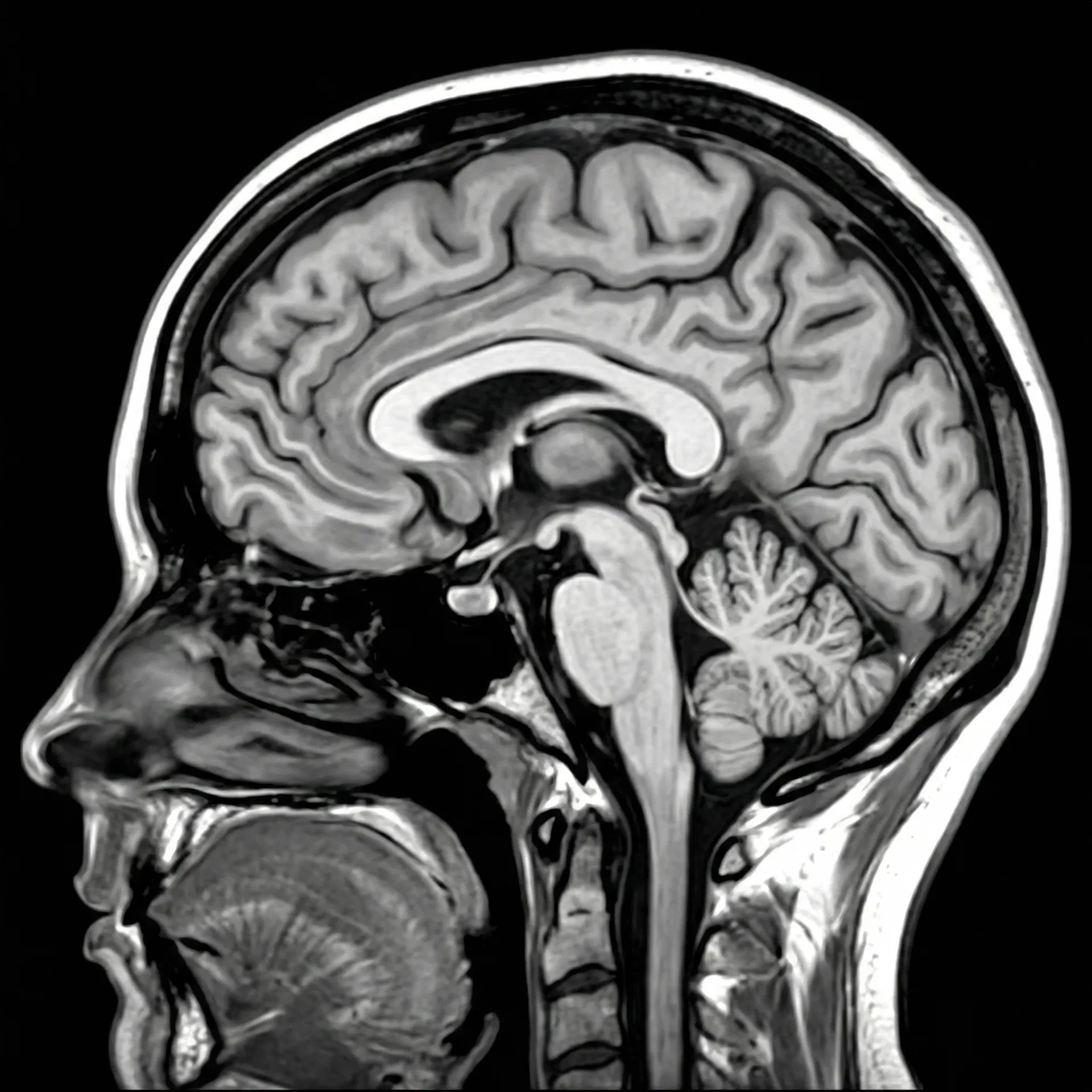 Sagittal MRI scan of the female brain showing hippocampus, cortex, and cerebellum