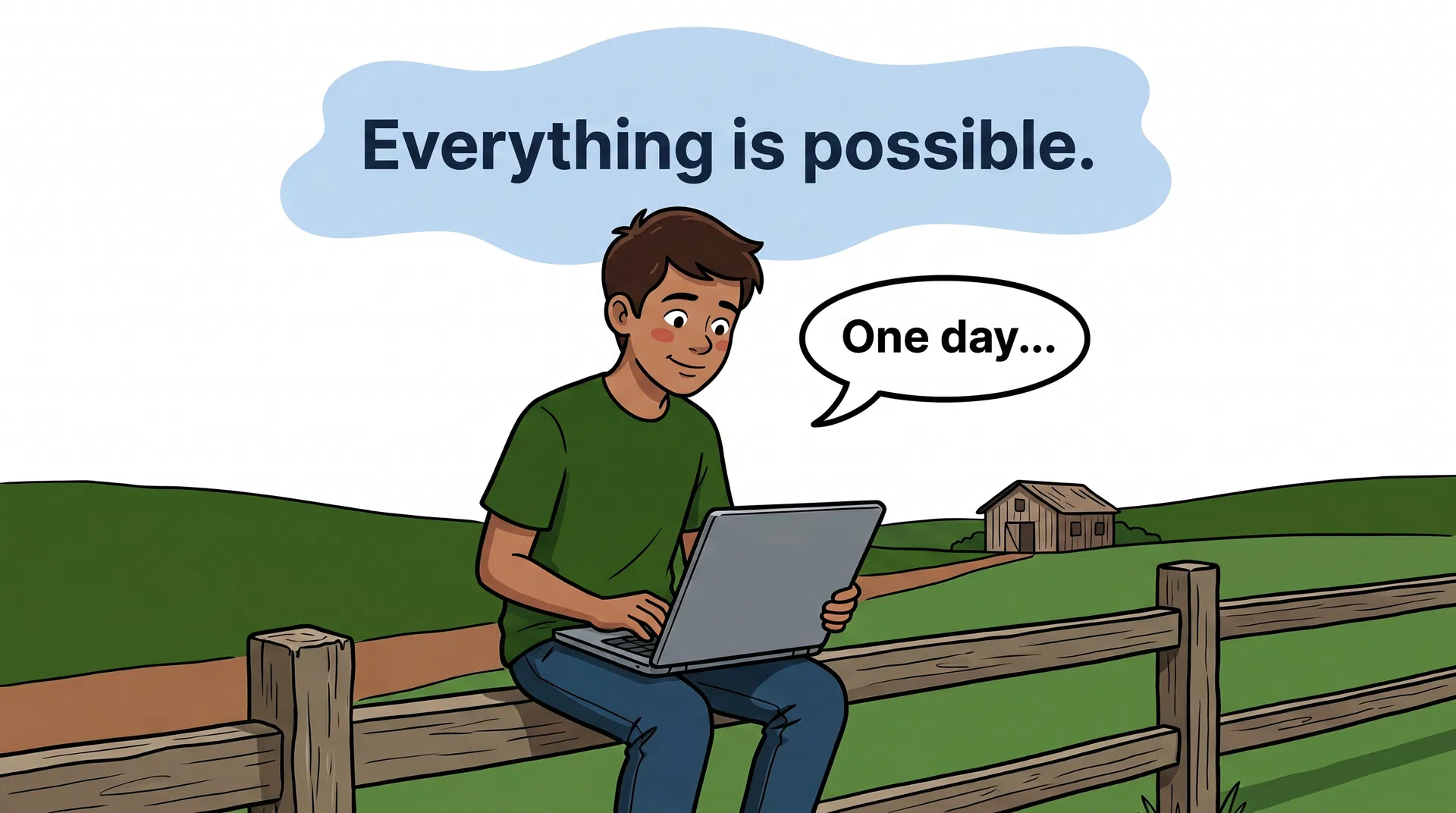 A teenage boy from a Brazilian farm sits on a fence with a laptop showing the Microapp logo, speech bubble 'One day...' and a cloud reading 'Everything is possible'