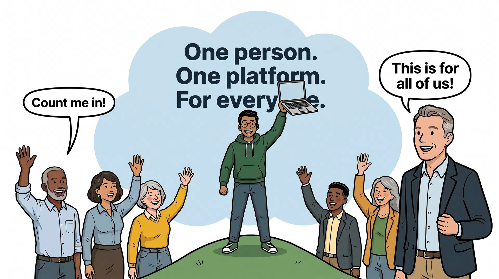 The Microapp founder stands on a green hill holding a laptop above their head. Cloud reads 'One person. One platform. For everyone.' Diverse crowd waves below with speech bubbles 'Count me in!' and 'This is for all of us!'