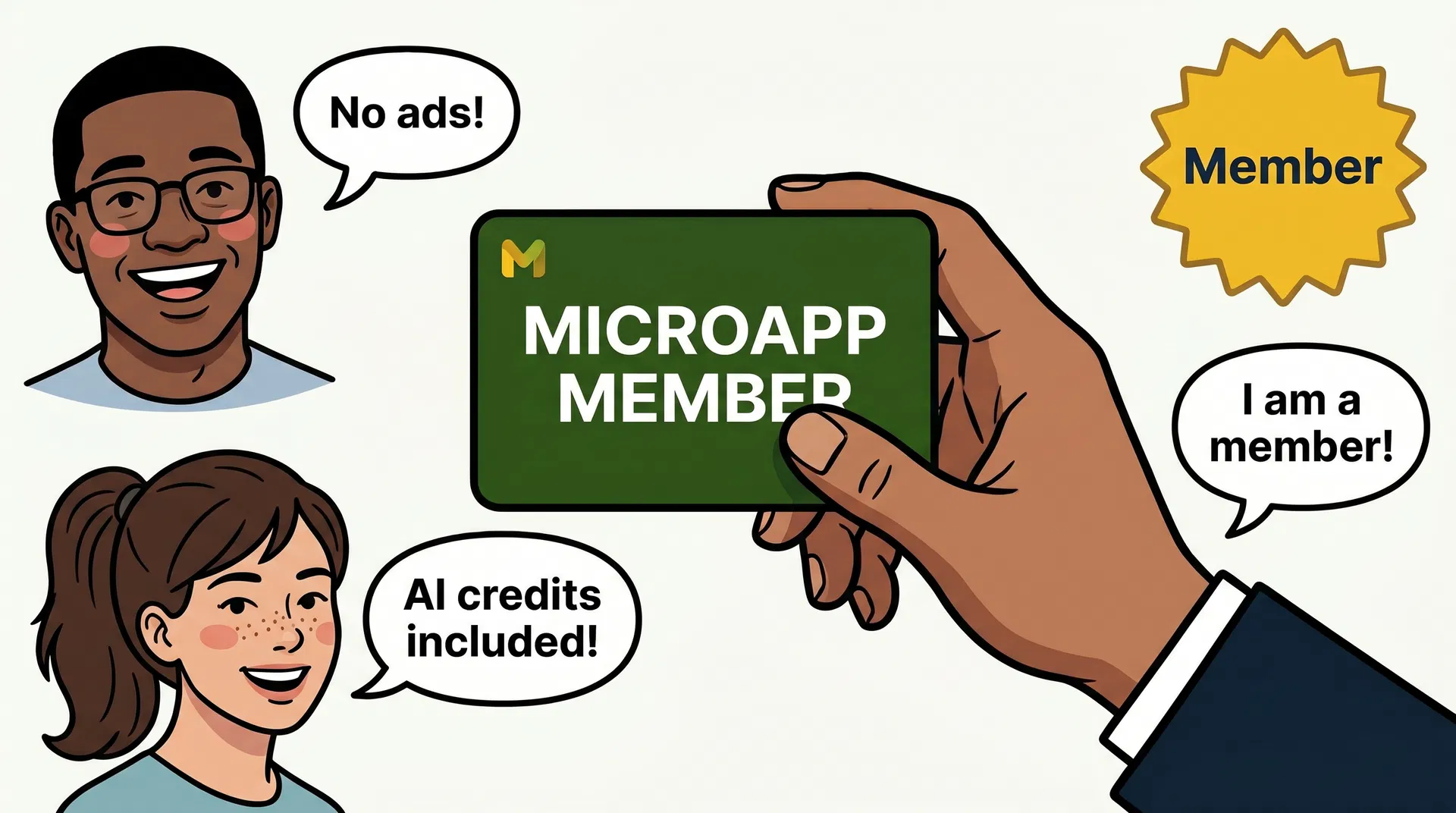 An adult hand holds a forest green Microapp Member card. Three diverse adult faces with speech bubbles: 'No ads!', 'AI credits included!', 'I am a member!'