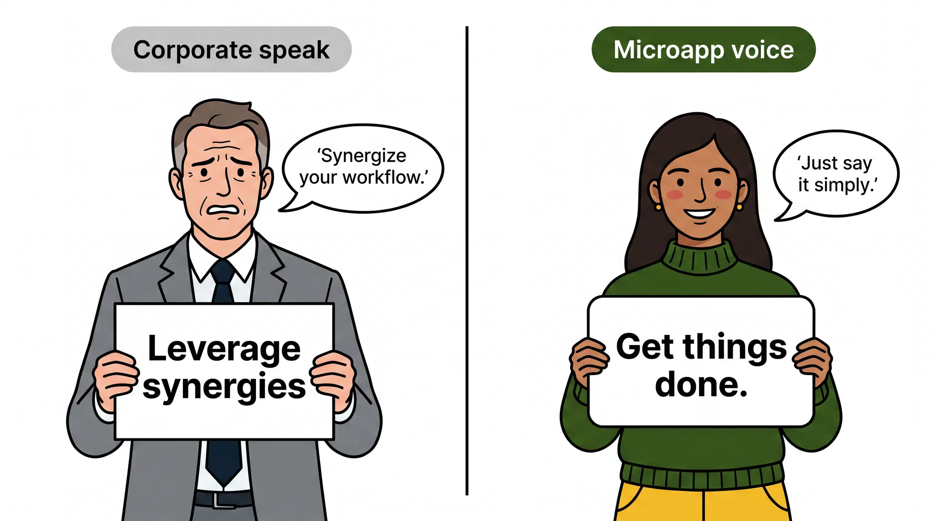 Two adult characters side by side: Corporate speak (stiff suit, 'Leverage synergies') vs Microapp voice (green sweater, 'Get things done.', speech bubble 'Just say it simply.')