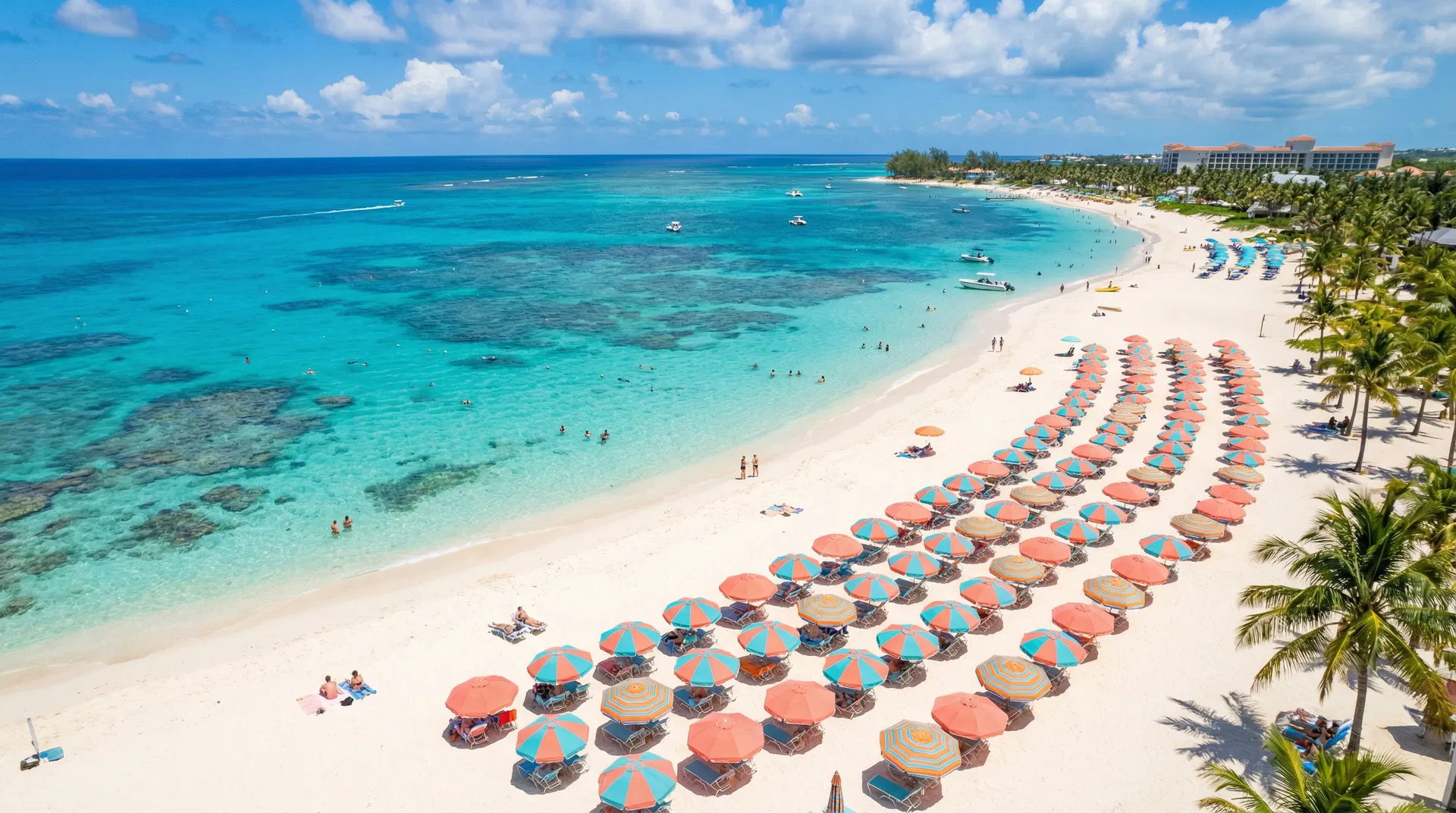 Praia tropical com guarda-sóis coloridos