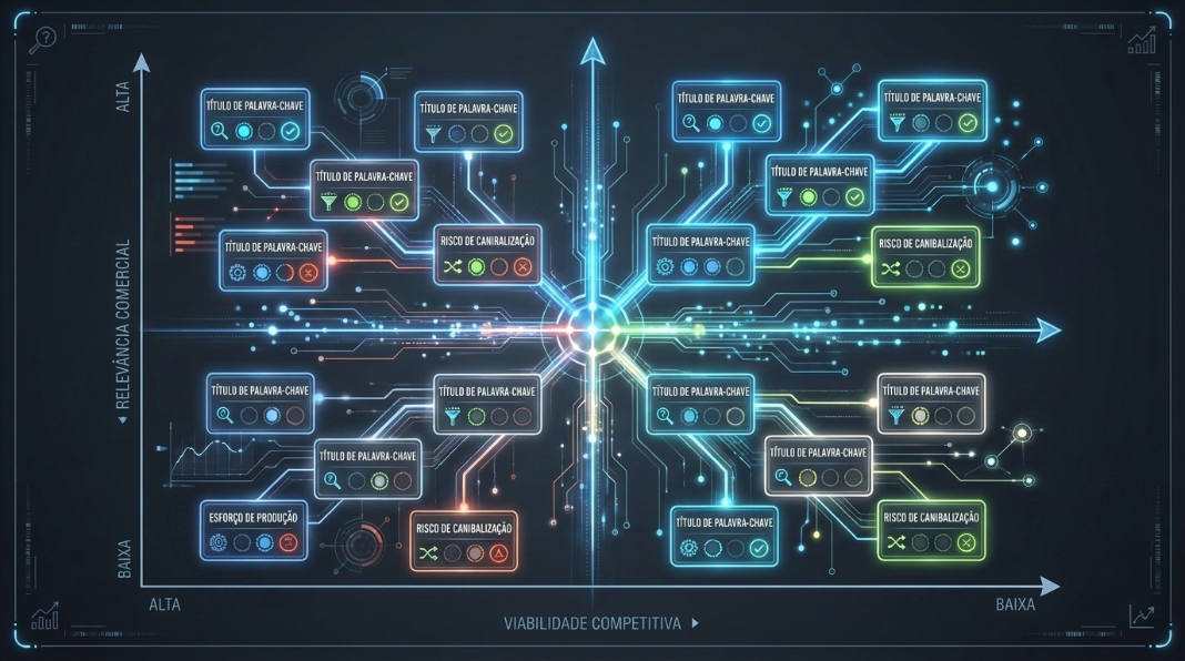 Matriz de priorização de palavras-chave considerando relevância comercial e viabilidade competitiva.
