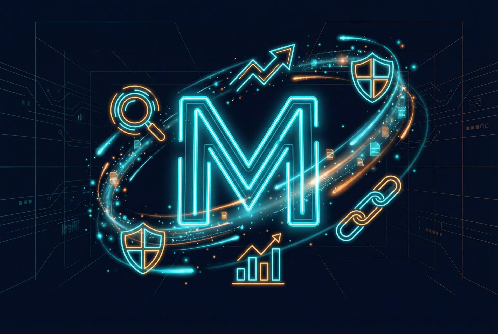 MarkSaint SEO B2B - Crescimento data-driven com precisão, link building e leads qualificados representados em ilustração conceitual com M estilizado