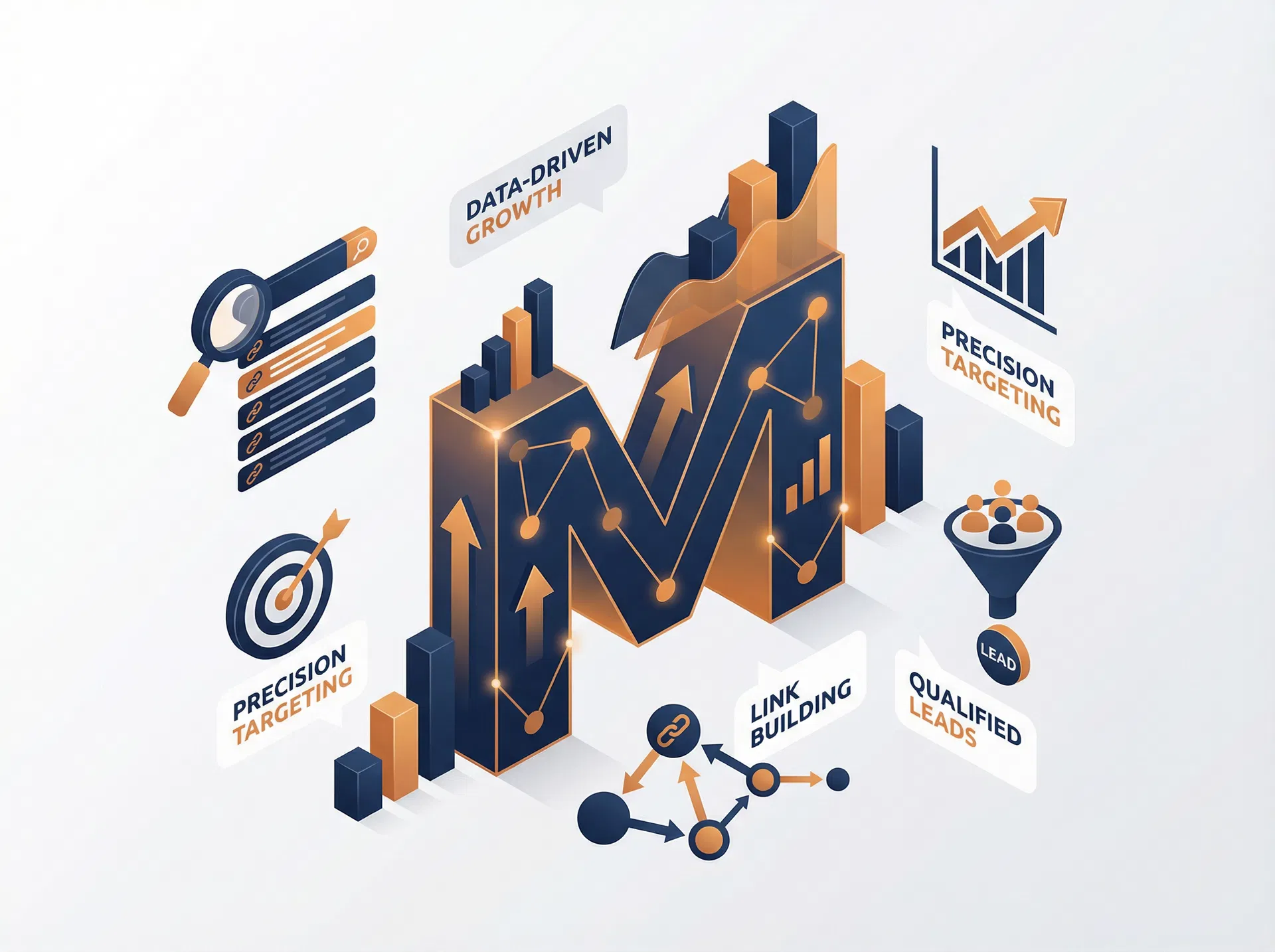 MarkSaint SEO B2B - Crescimento data-driven com precisão, link building e leads qualificados representados em ilustração conceitual com M estilizado
