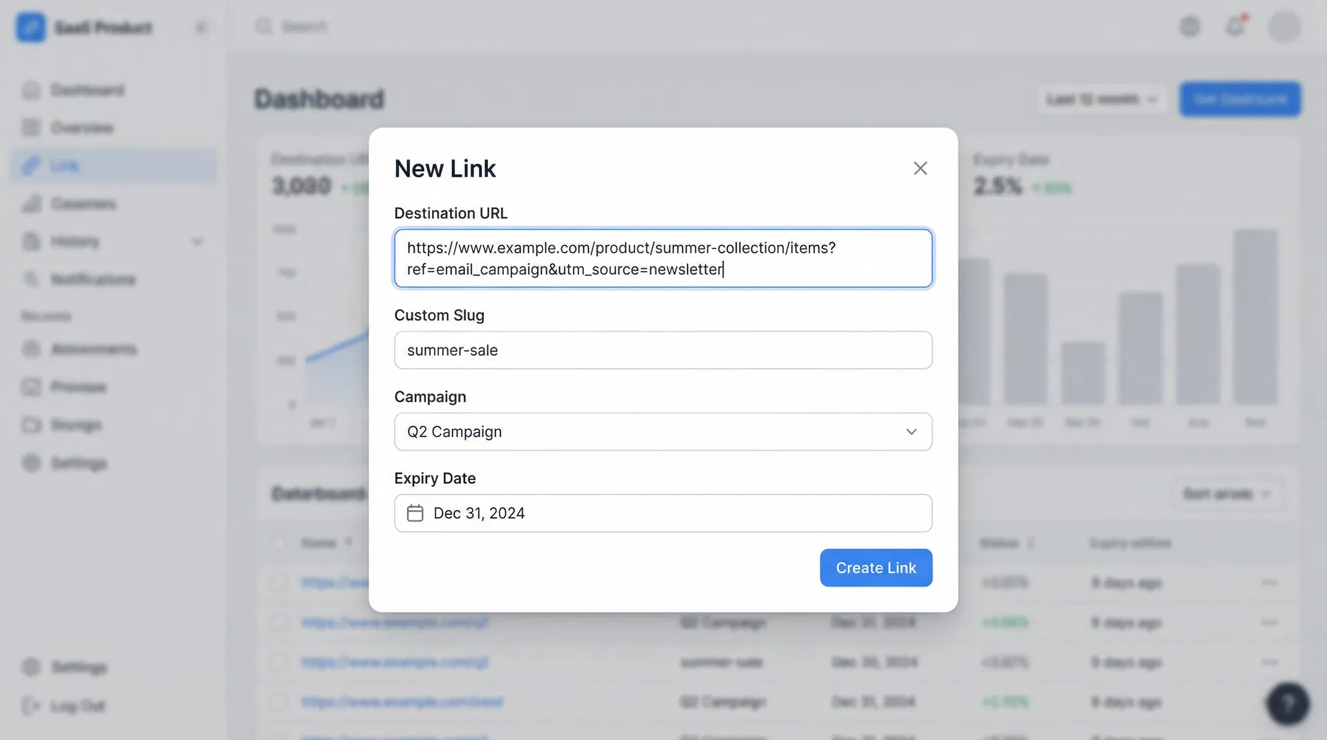New Link dialog showing destination URL, custom slug, campaign, and expiry fields