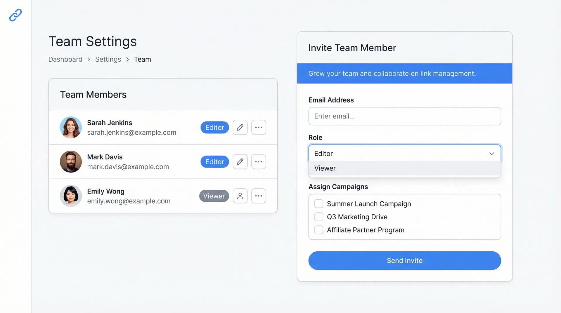 Team Settings page showing member list and invite form with role selector and campaign checklist