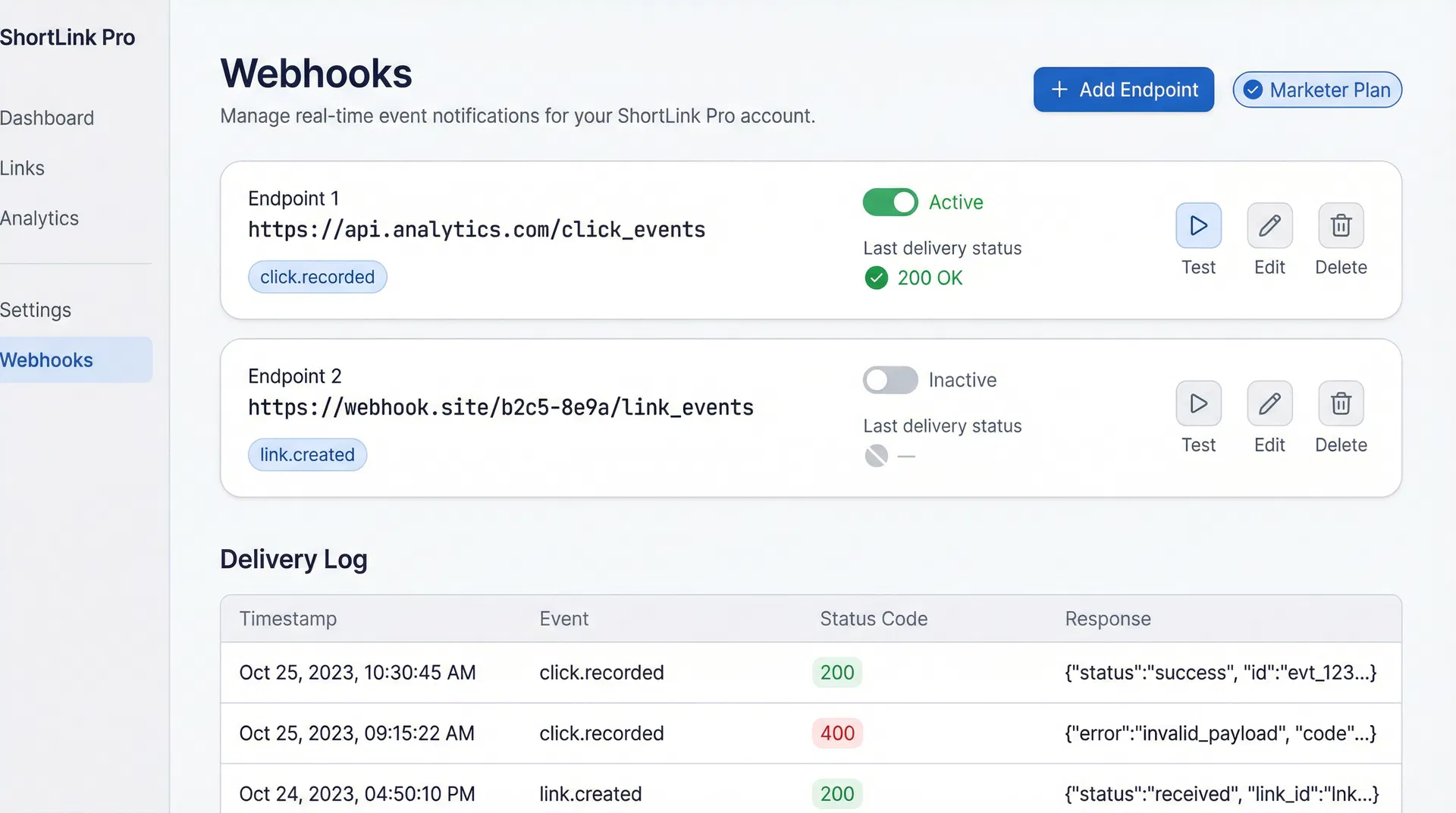 Webhooks page showing two registered endpoints with delivery status and a delivery log table
