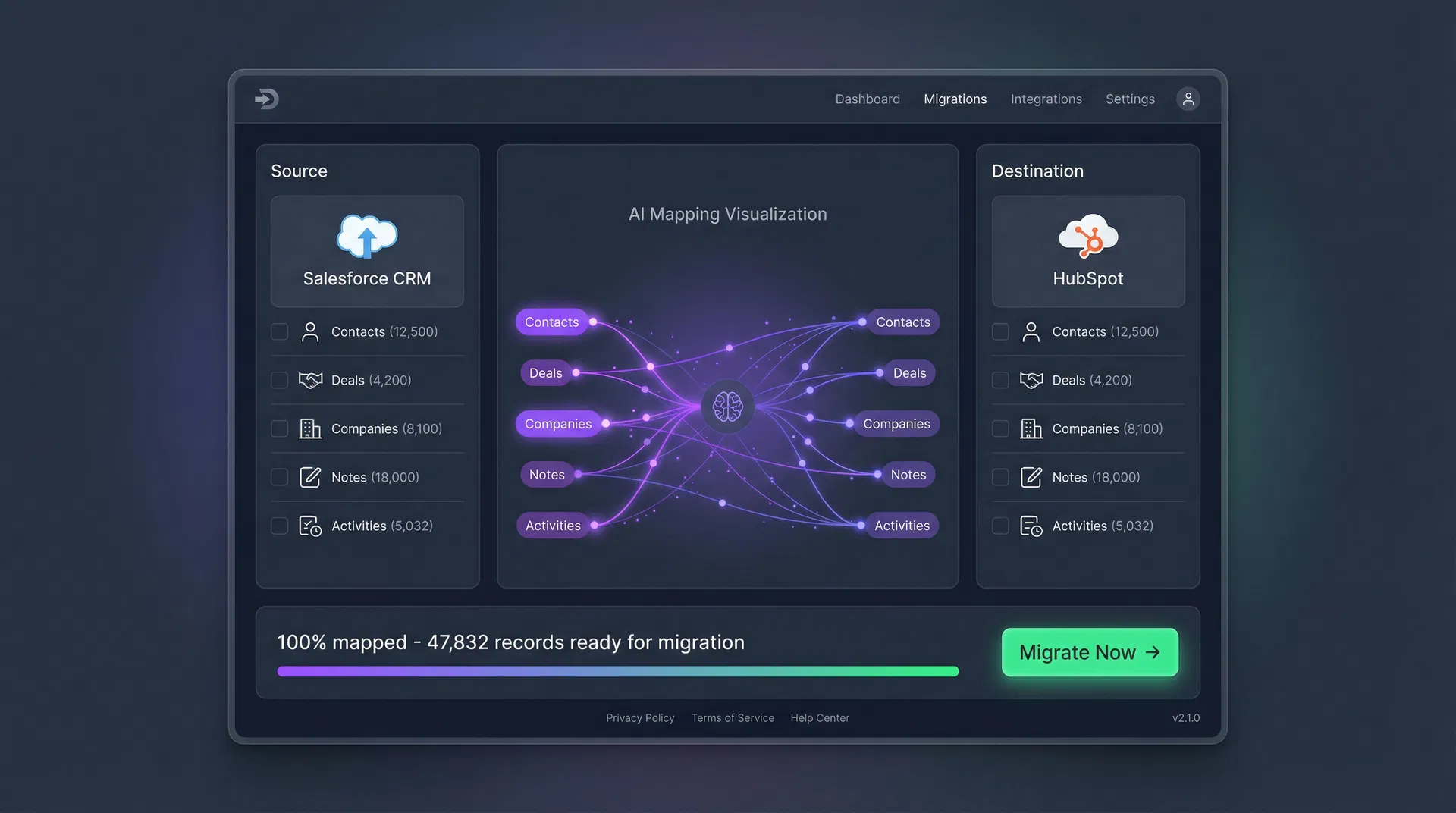 SiloBreak migration interface showing AI field mapping between Salesforce and HubSpot