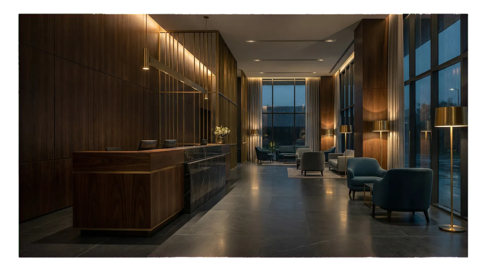 Ambiência premium de lobby e recepção usada como linguagem visual do roteiro