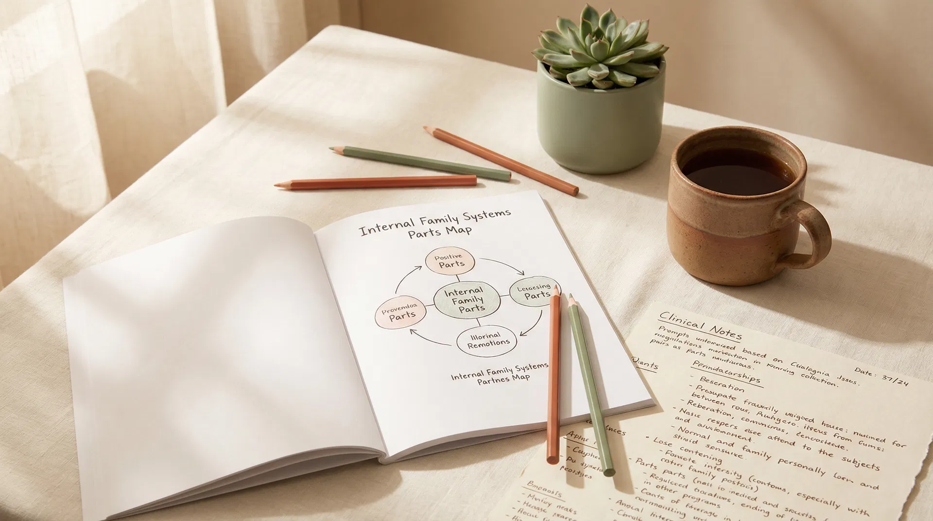 Therapist's clinical workspace with parts mapping workbook and EMDR tools