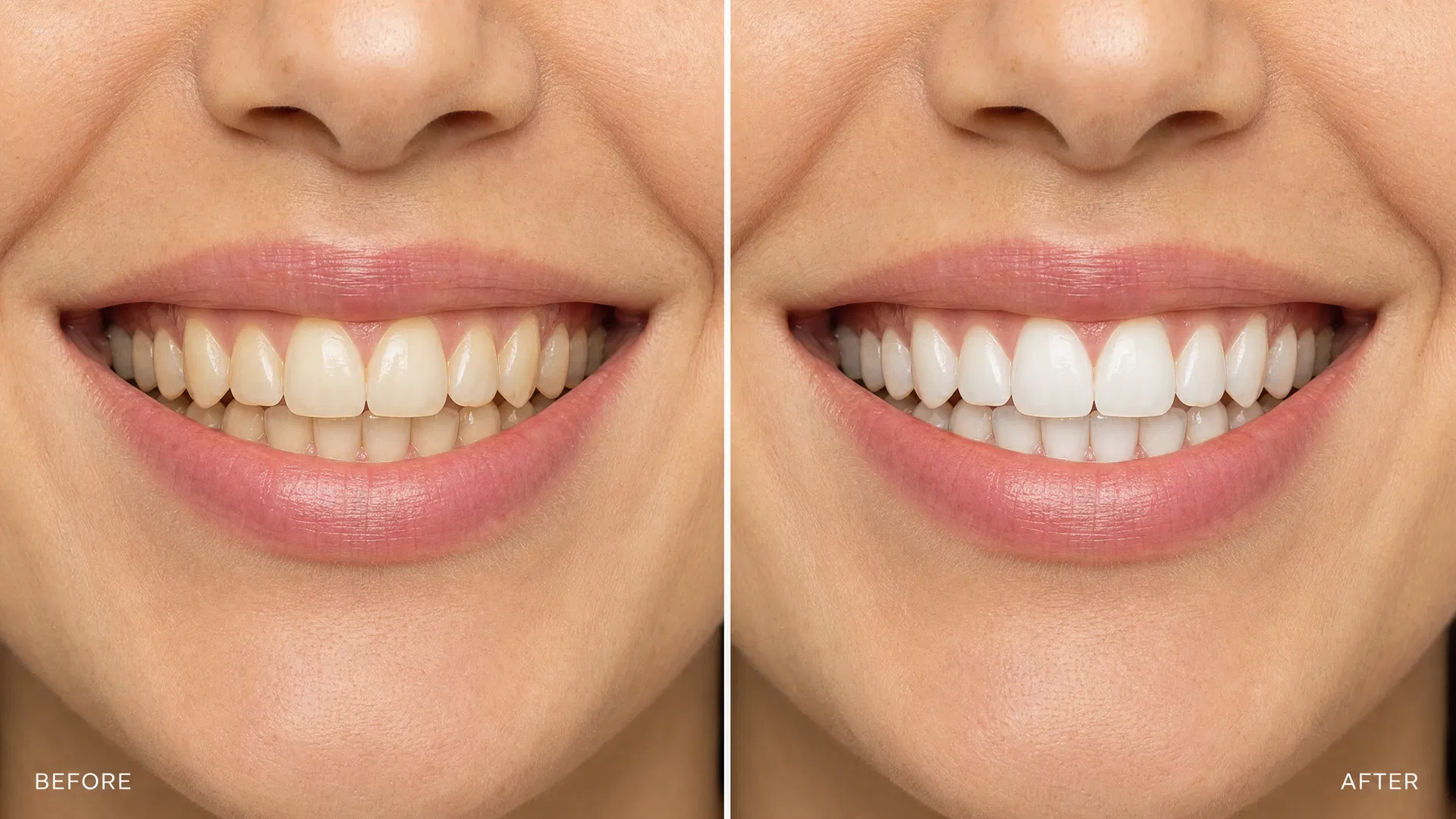 Before and after: visibly whiter teeth after using Blume purple whitening strips