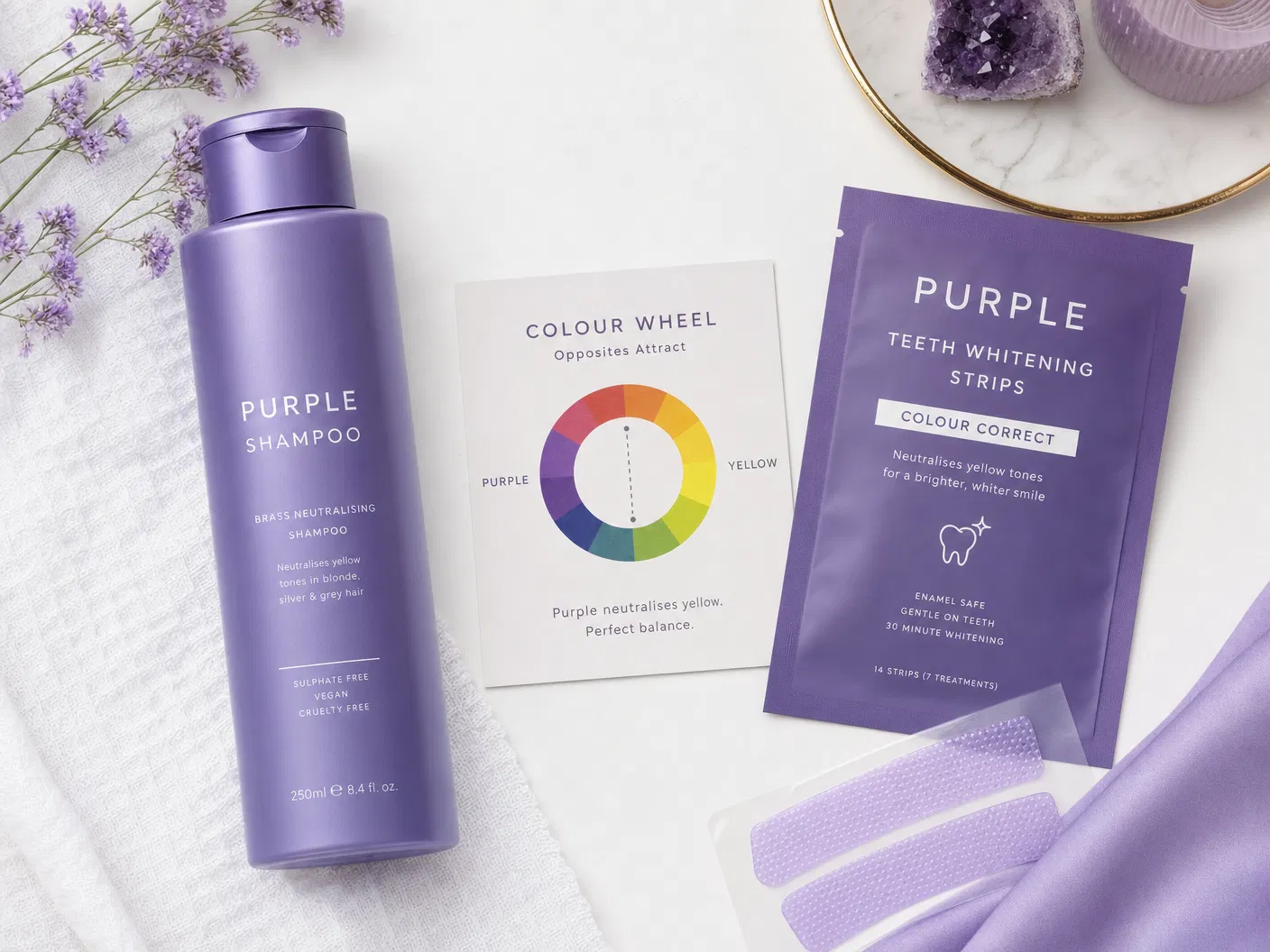 Colour wheel showing purple opposite yellow, next to Blume purple whitening strips