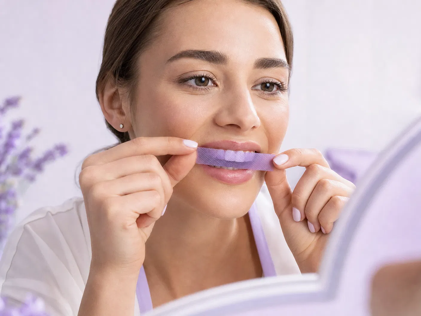 Person comfortably applying a purple whitening strip with no pain or discomfort
