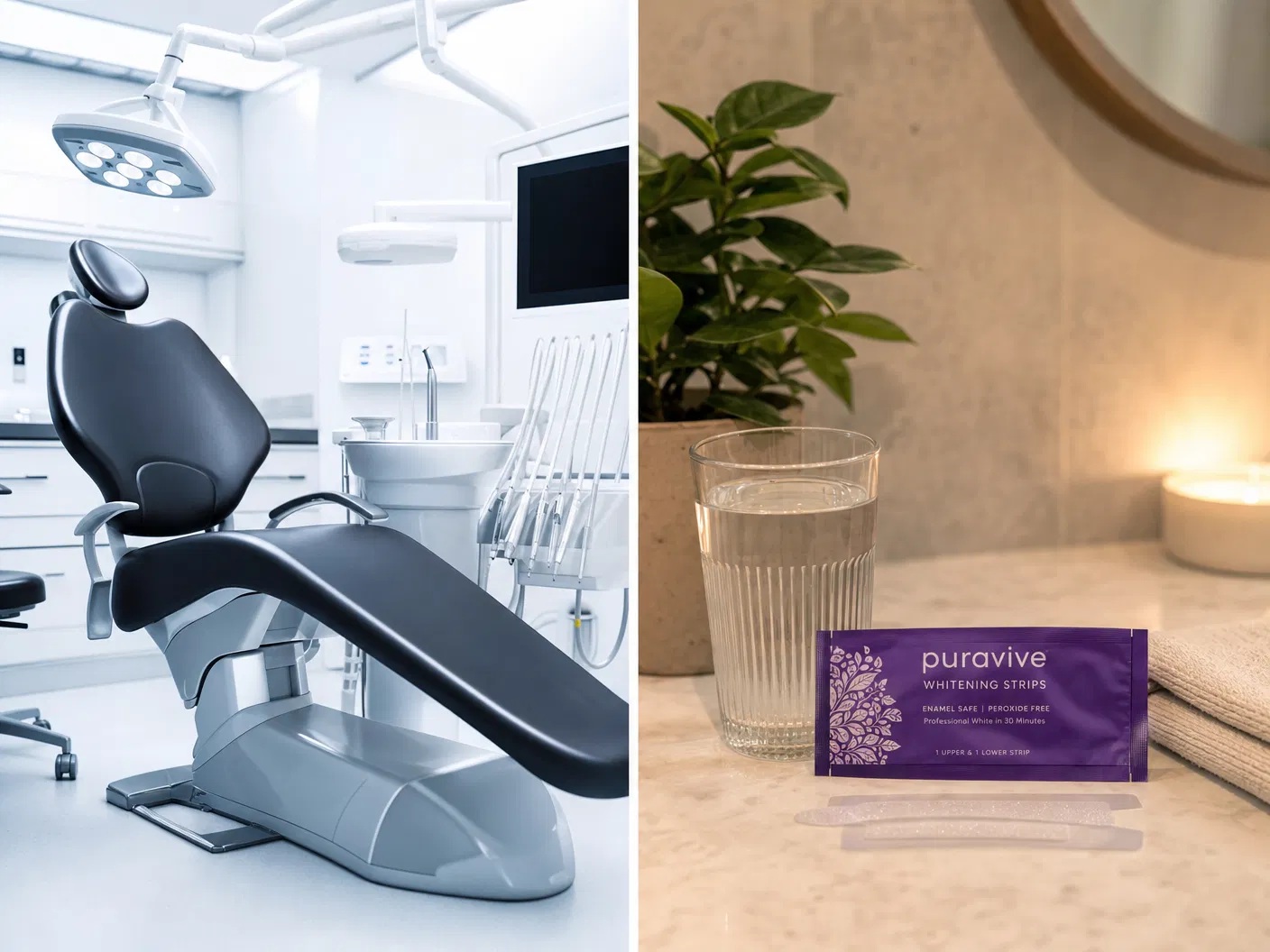 Dental office chair versus comfortable at-home whitening with Blume purple strips