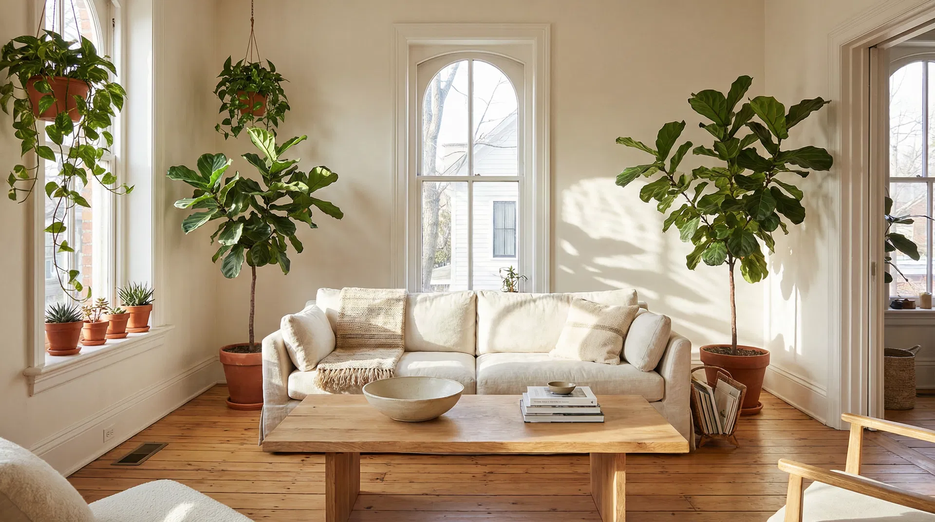 Minimal living room with warm morning light