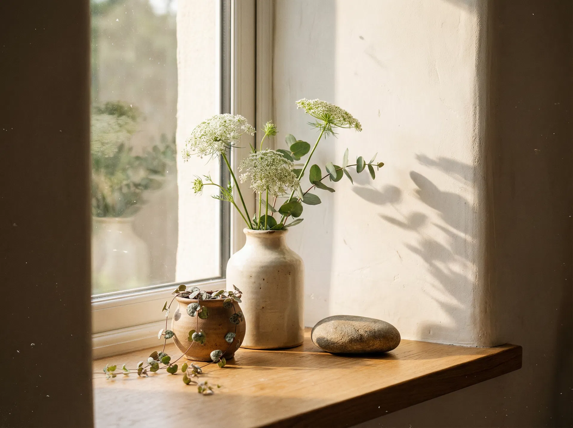 Minimal home interior — ceramic vase on raw oak shelf