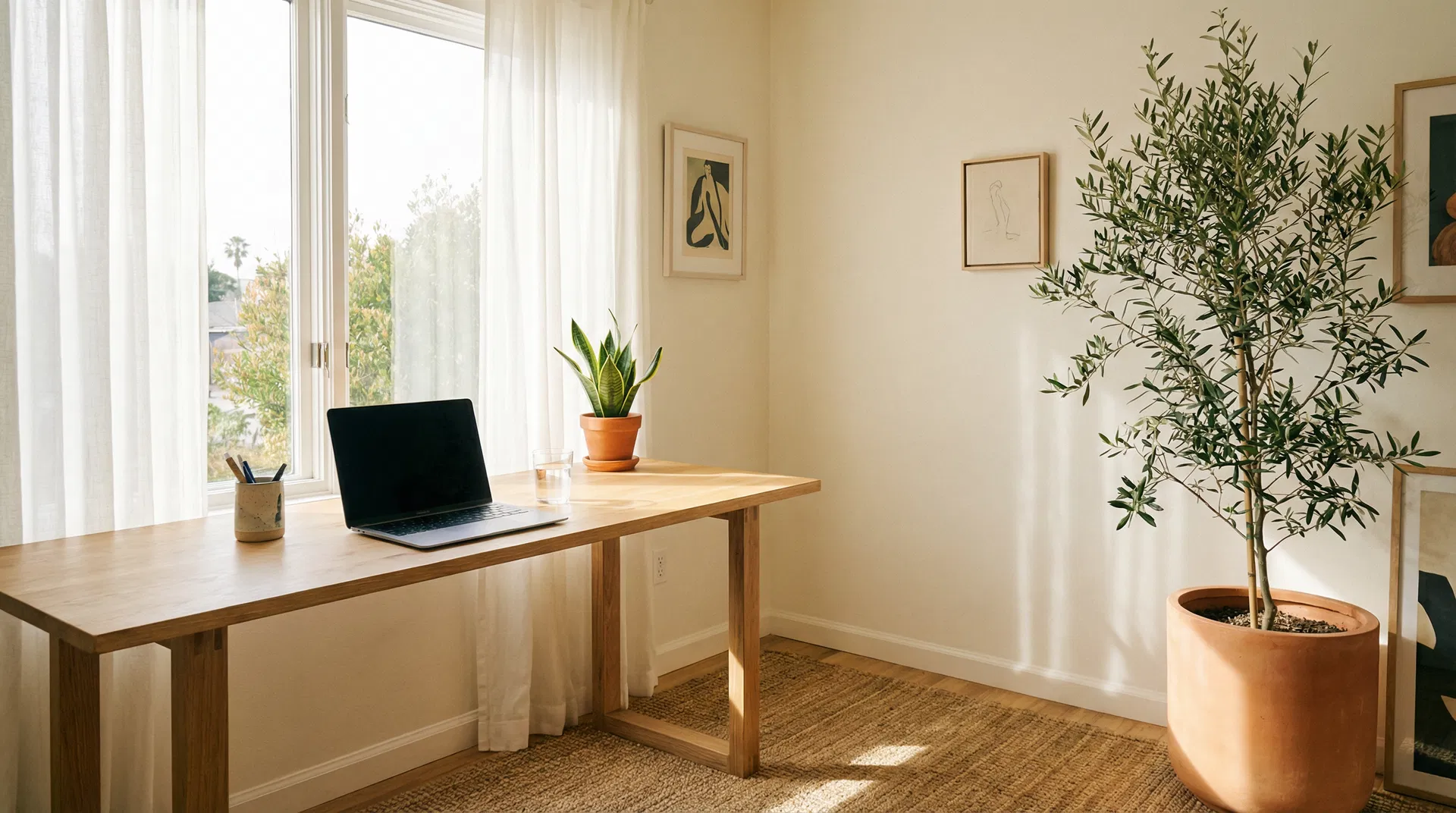 Minimal home office — raw oak desk with morning light